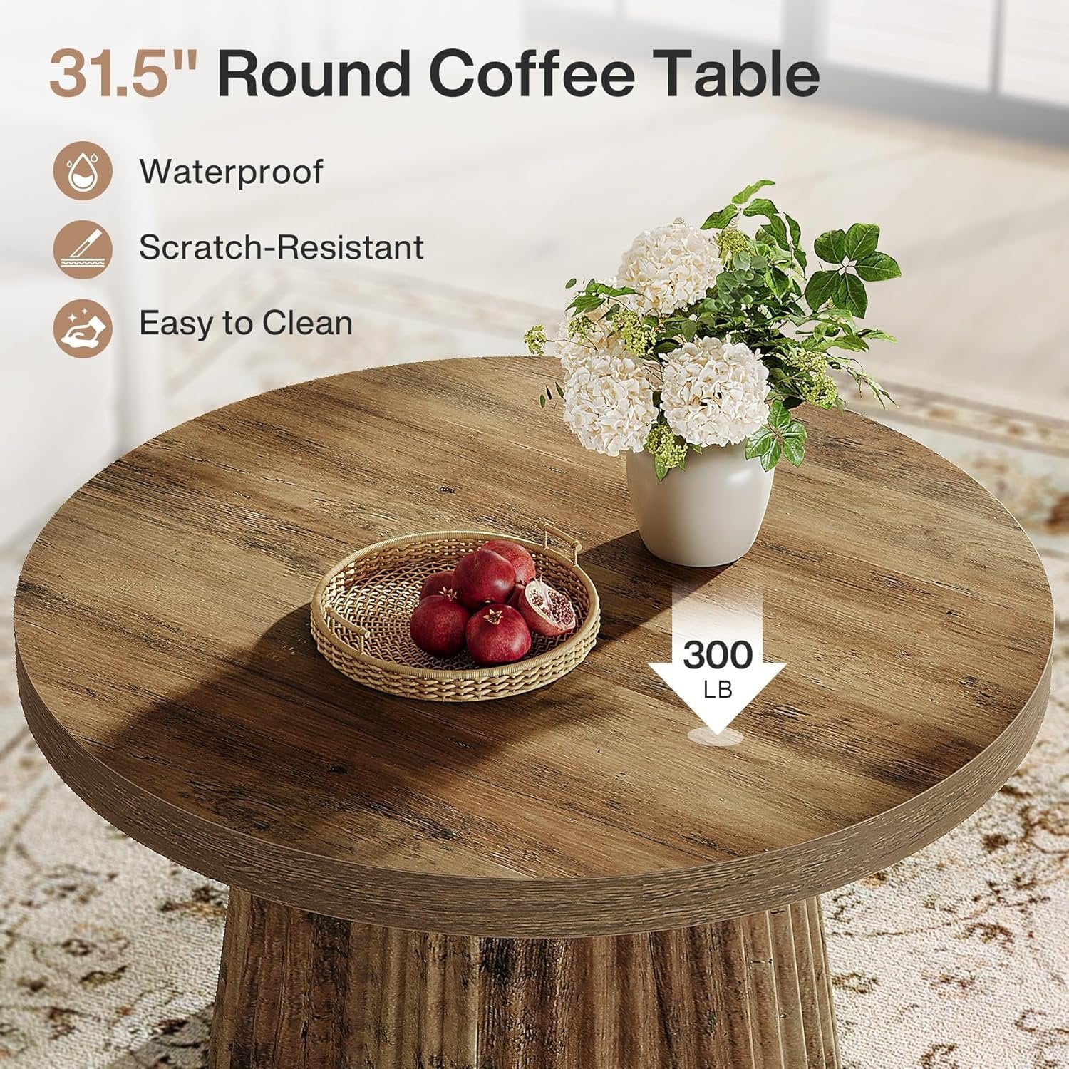 31.5" Round Fluted Coffee Table - Minimalist Wood Grain Center Piece for Small Spaces