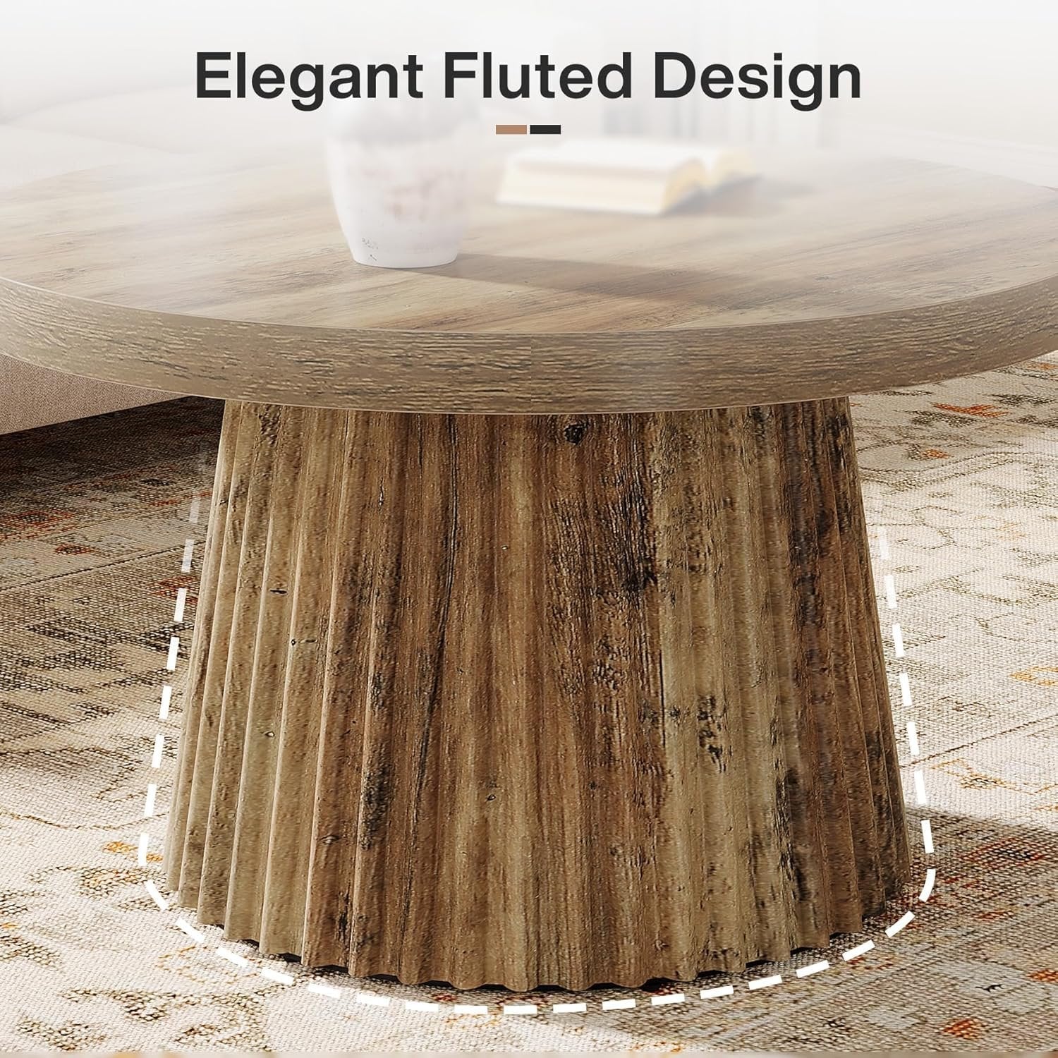 31.5" Round Fluted Coffee Table - Minimalist Wood Grain Center Piece for Small Spaces