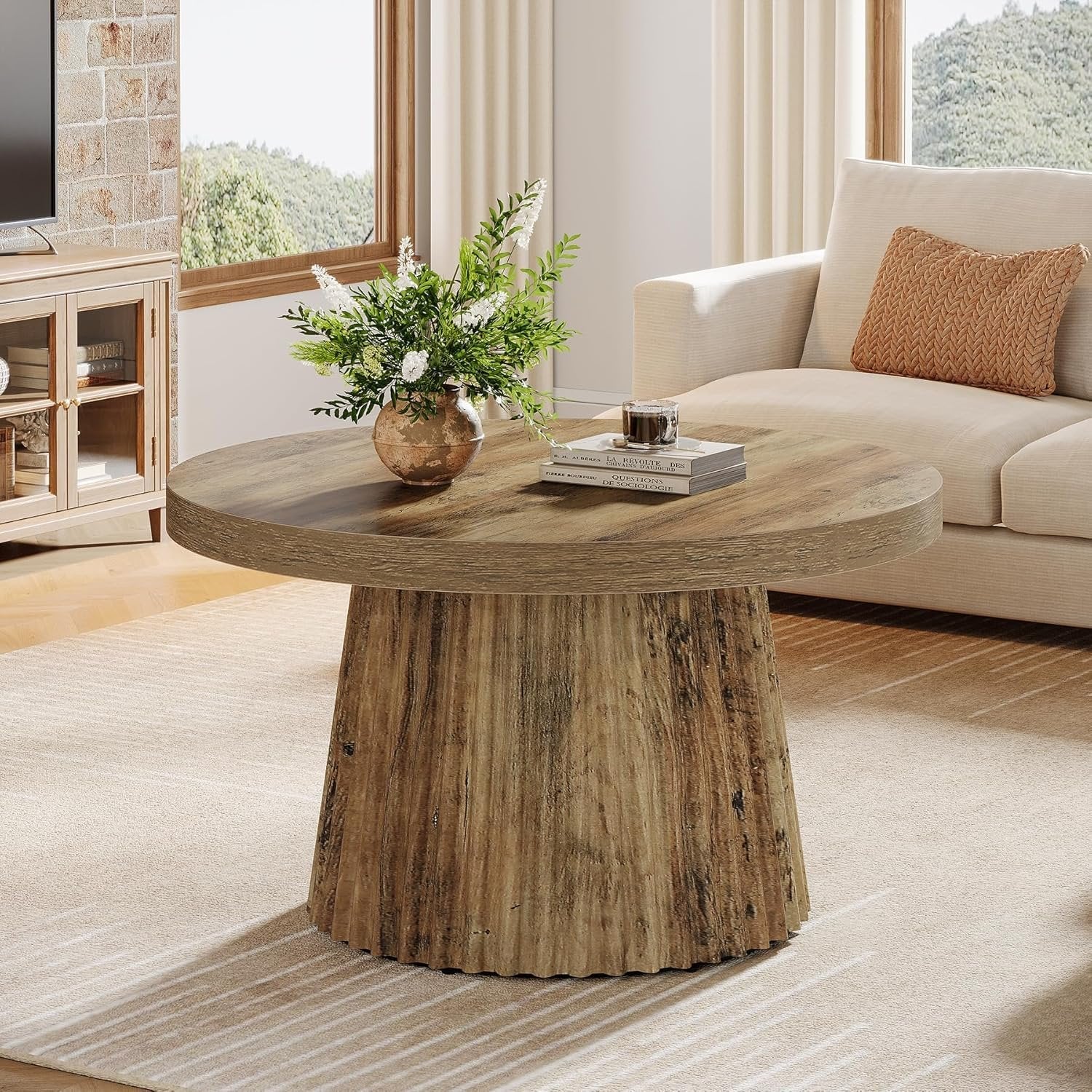 31.5" Round Fluted Coffee Table - Minimalist Wood Grain Center Piece for Small Spaces