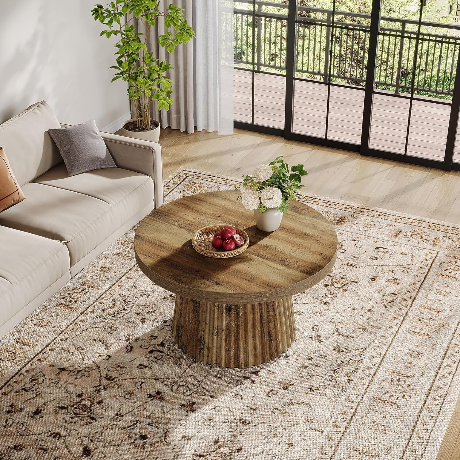 31.5" Round Fluted Coffee Table - Minimalist Wood Grain Center Piece for Small Spaces