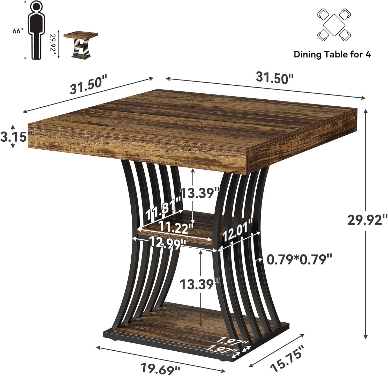 Tribesigns 31.5-Inch Square Dining Table for 2–4, Small Kitchen Table with Curved Base and Shelf