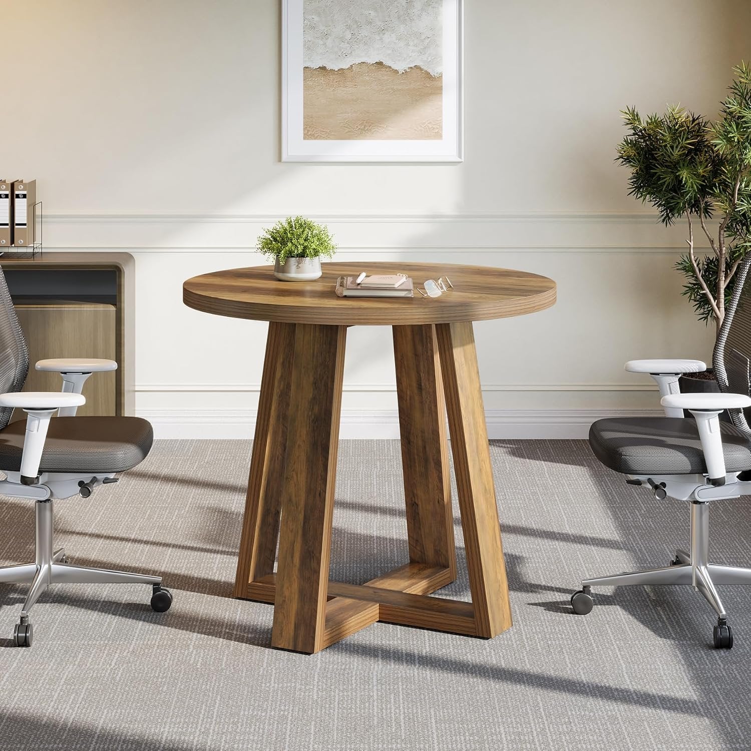31.5" Round Farmhouse Conference Table - Wooden Meeting Desk for Small Spaces, Rustic Brown