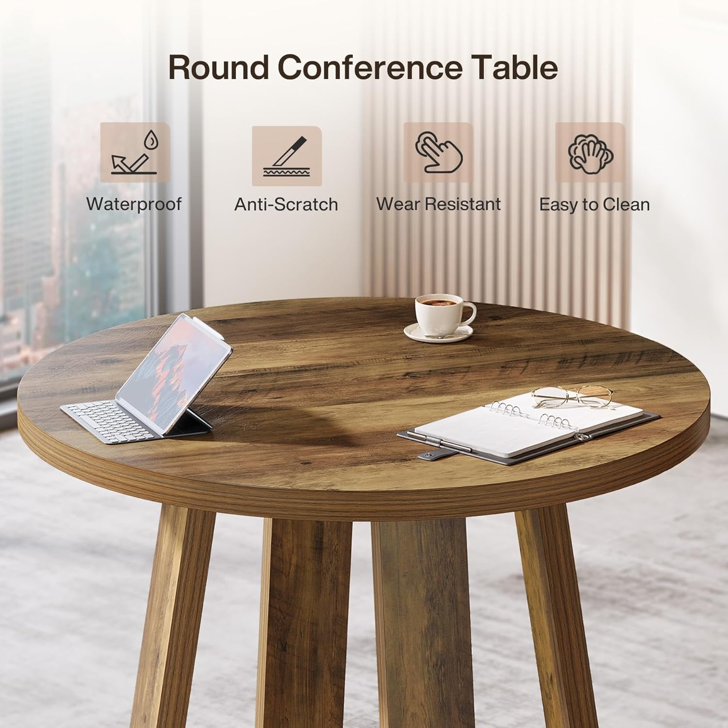 31.5" Round Farmhouse Conference Table - Wooden Meeting Desk for Small Spaces, Rustic Brown