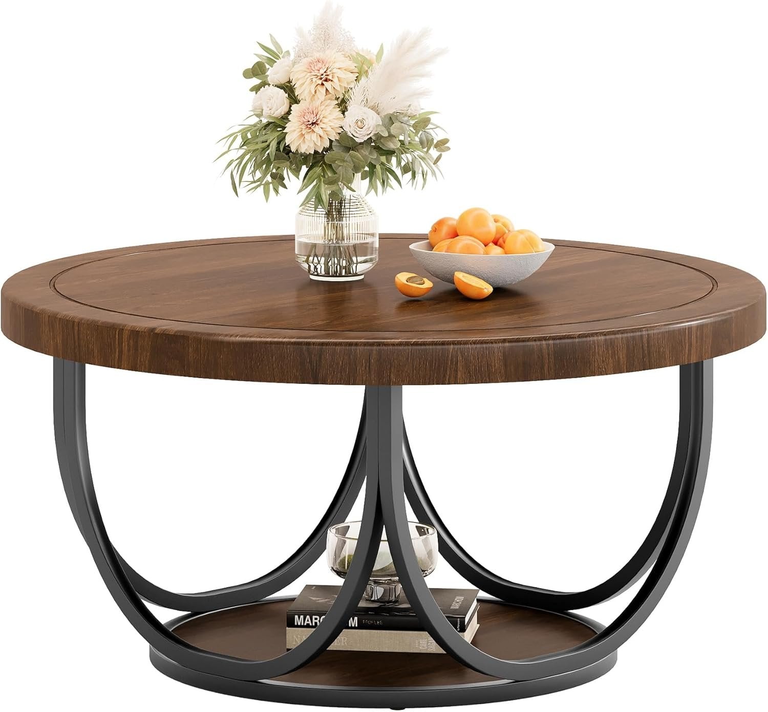 Industrial Round Coffee Table, 35.4 Inch Two-Tier Storage Table in Brown and Black