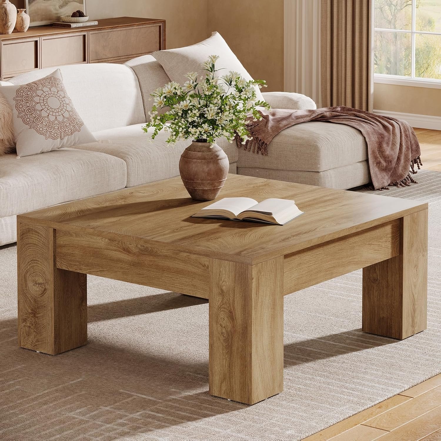 Tribesigns 39-Inch Square Coffee Table, Rustic Farmhouse Wooden Accent Table with Sturdy Legs