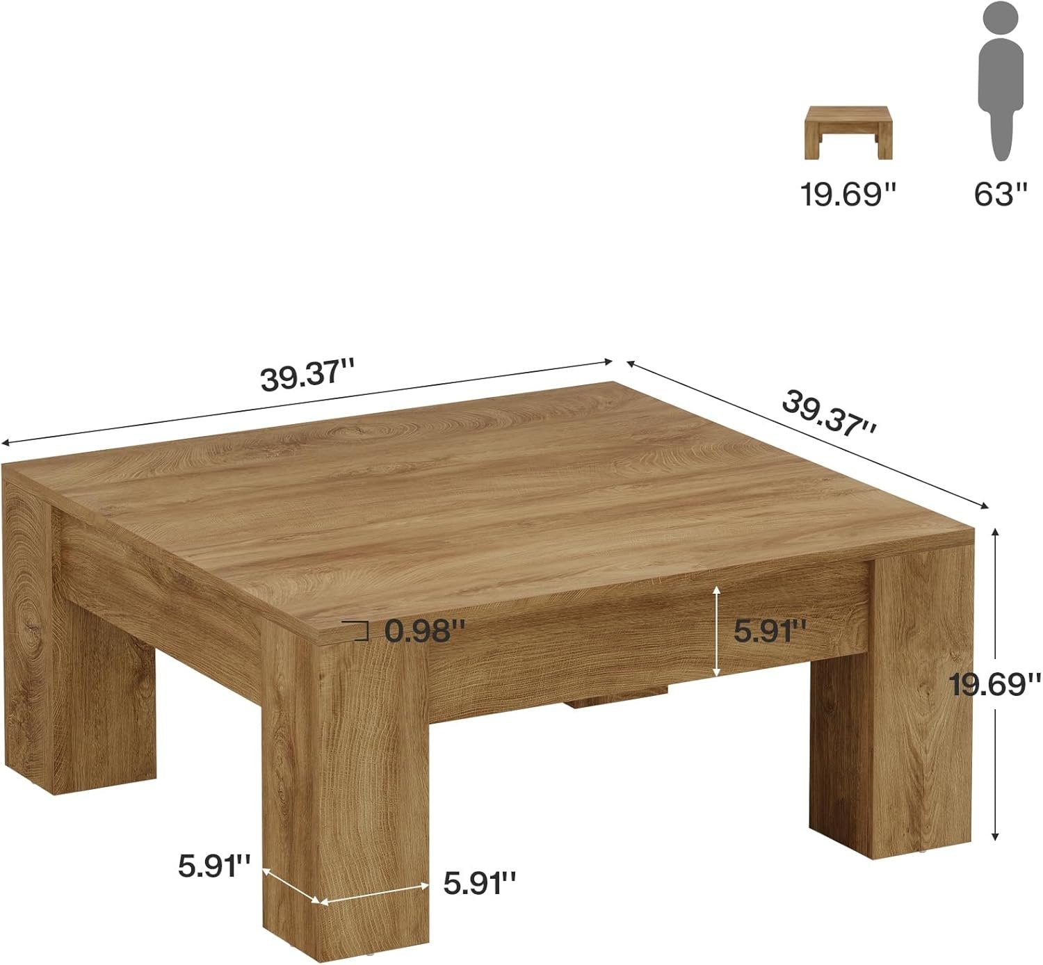 Tribesigns 39-Inch Square Coffee Table, Rustic Farmhouse Wooden Accent Table with Sturdy Legs