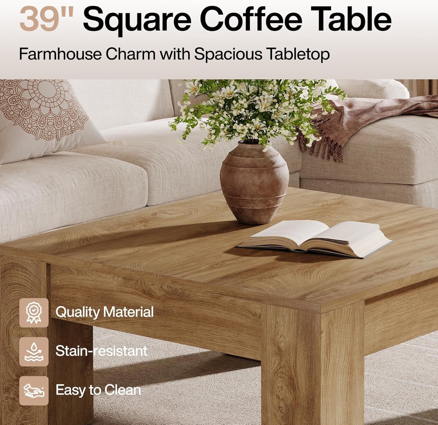 Tribesigns 39-Inch Square Coffee Table, Rustic Farmhouse Wooden Accent Table with Sturdy Legs