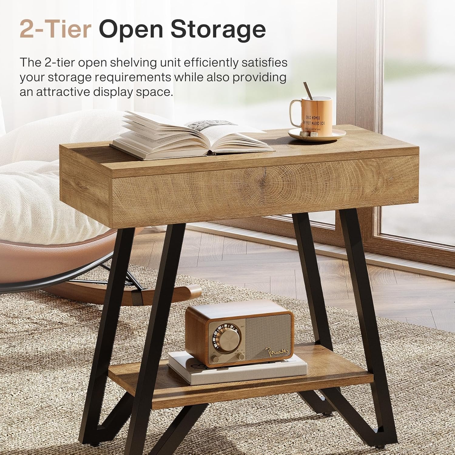 24" Natural Narrow End Table with Storage Shelf – Space-Saving Nightstand for Couch & Bedroom