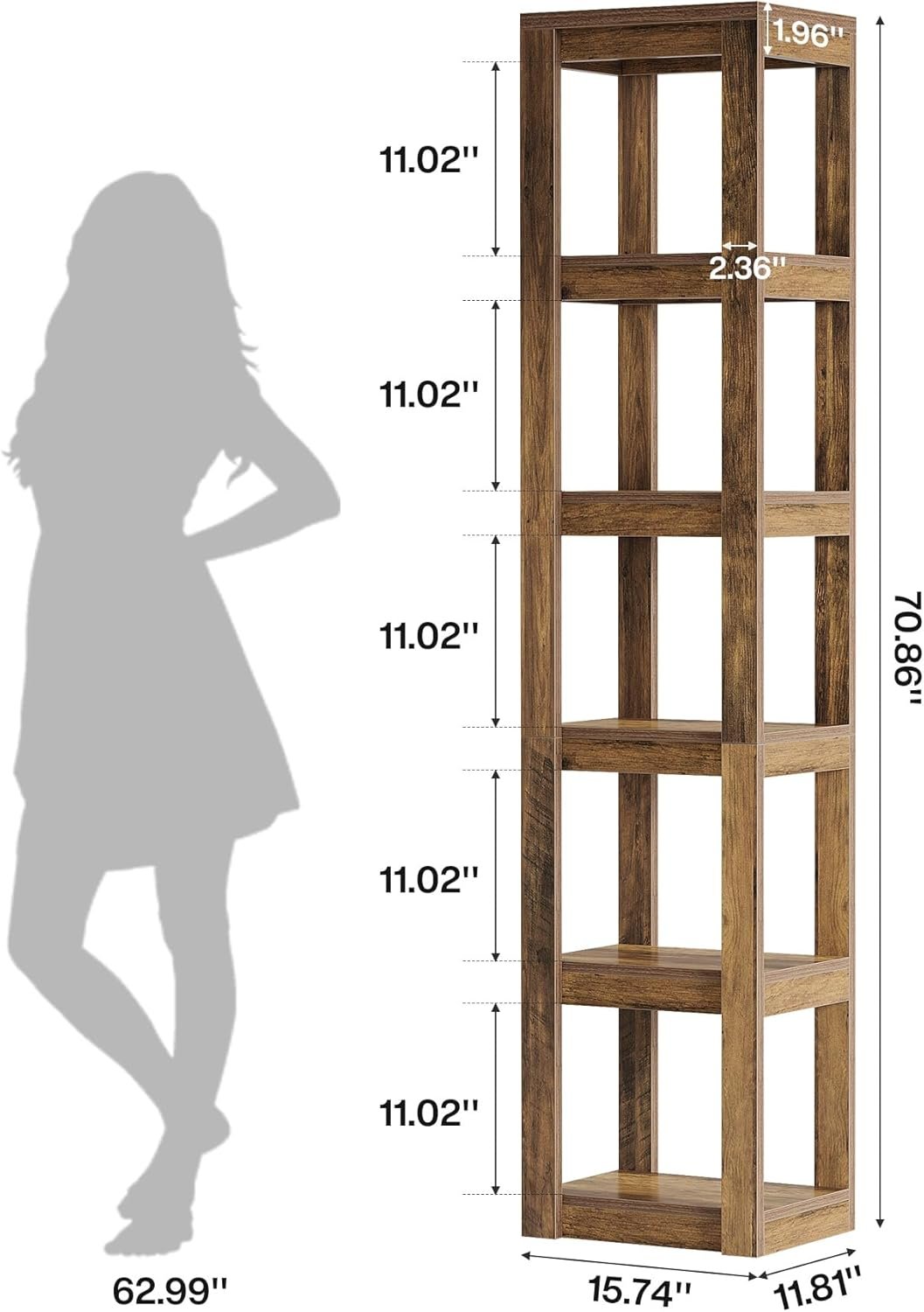 70.86-Inch Tall 6-Tier Bookcase, Freestanding Narrow Storage Shelf for Home Office