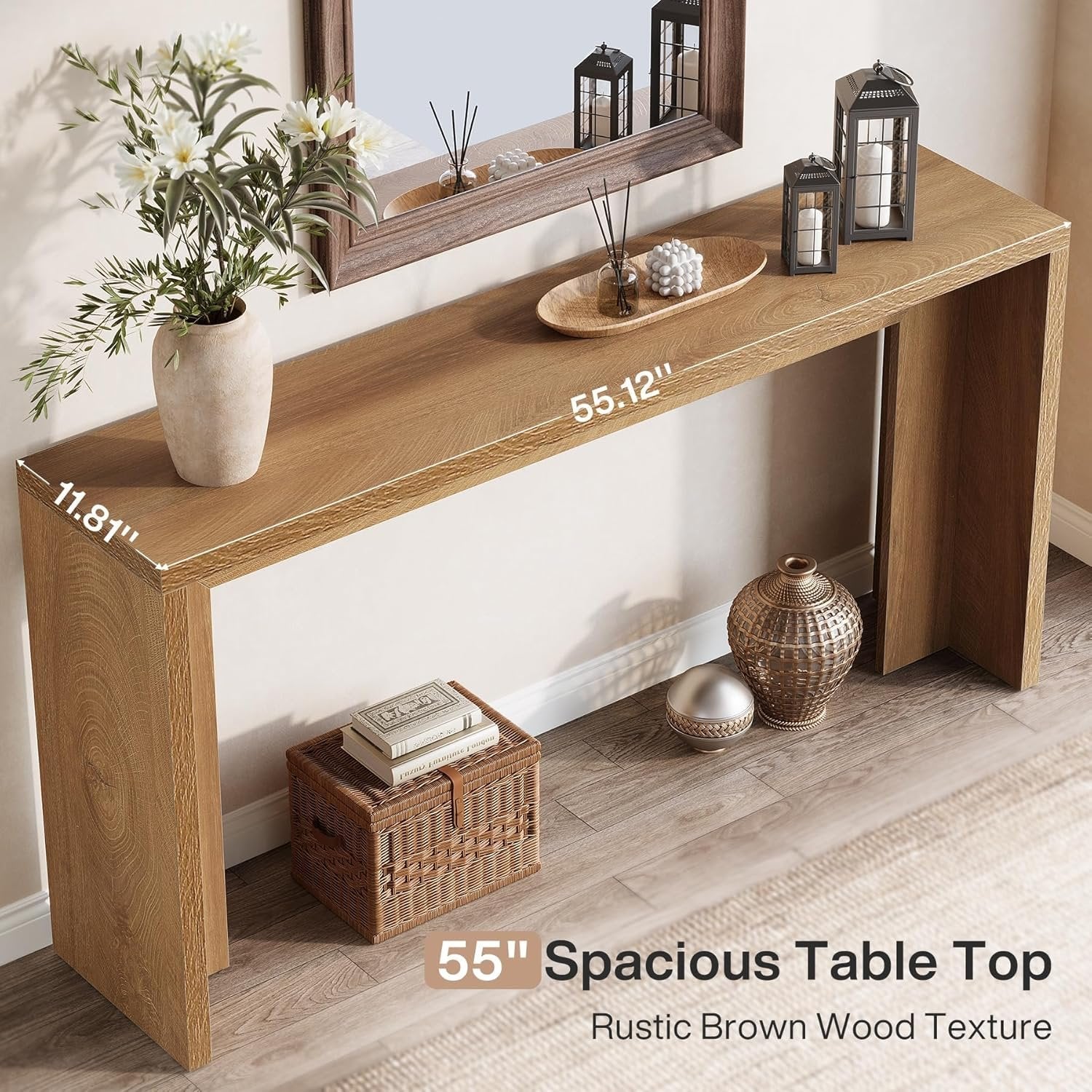 55-Inch Farmhouse Console Table, Narrow Wooden Sofa Table with Storage