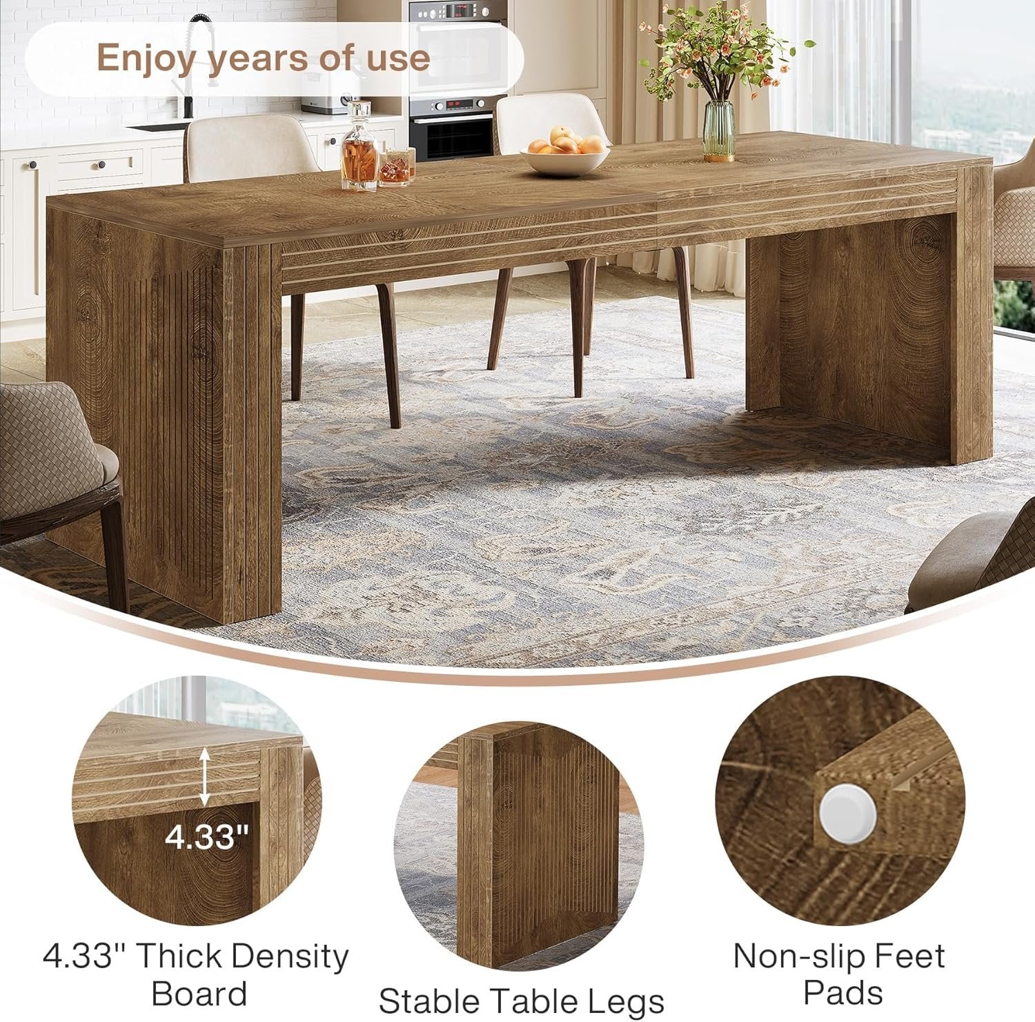 78.7" Large Dining Table for 8 Seater, Modern Rectangular Wooden Table