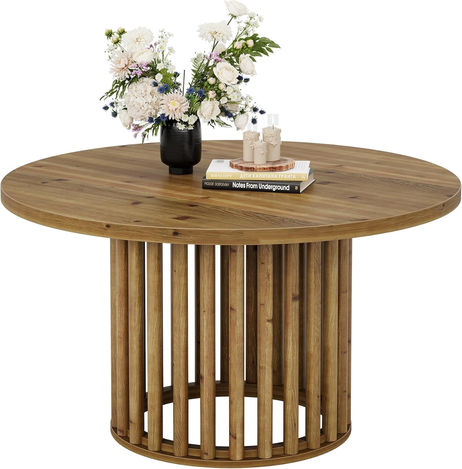 Rustic Charm 31.5-Inch Round Coffee Table, Solid Wood Farmhouse Center Table with Hollow Base