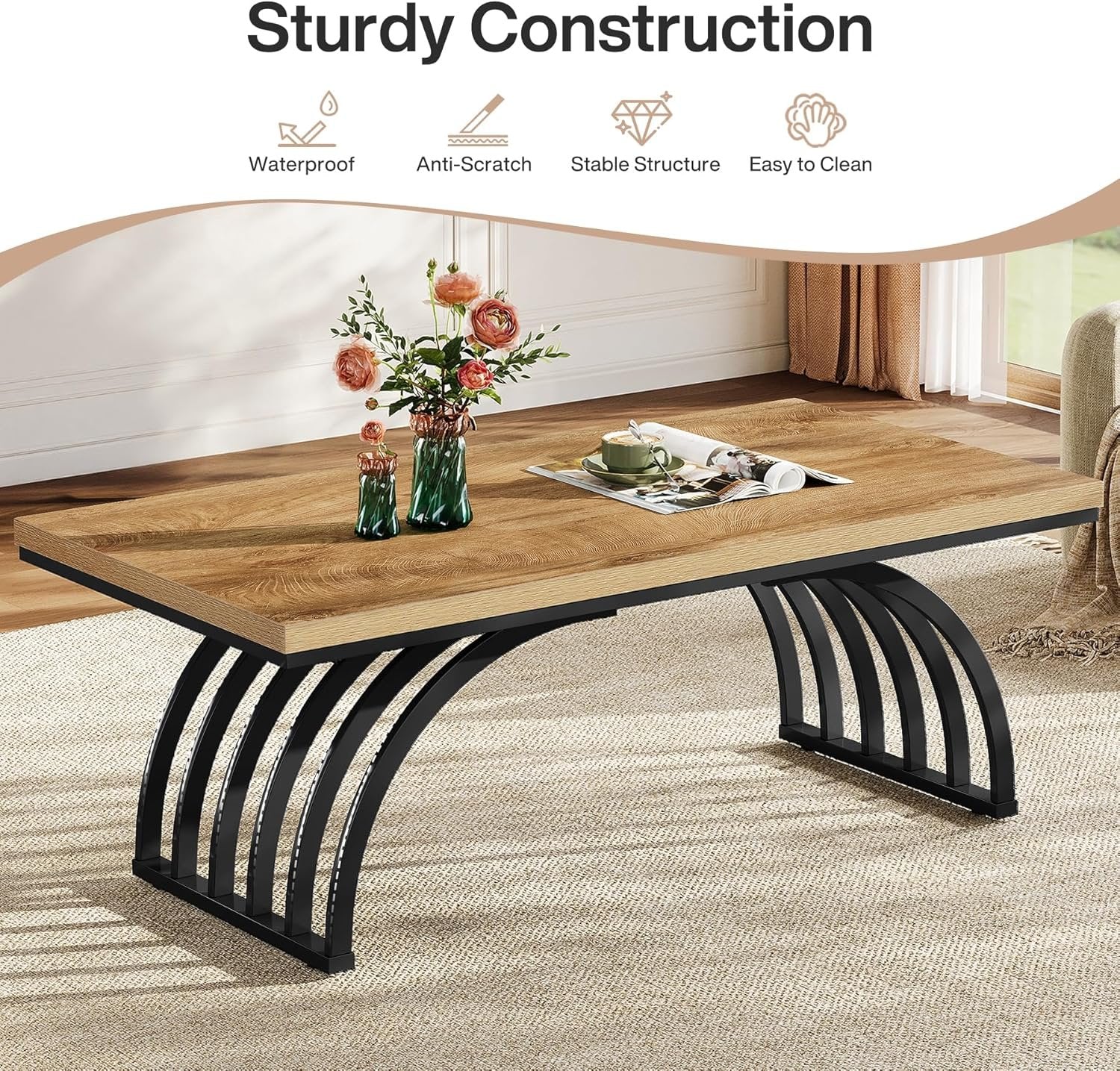 47-Inch Wood Coffee Table, Rustic Rectangular Center Table