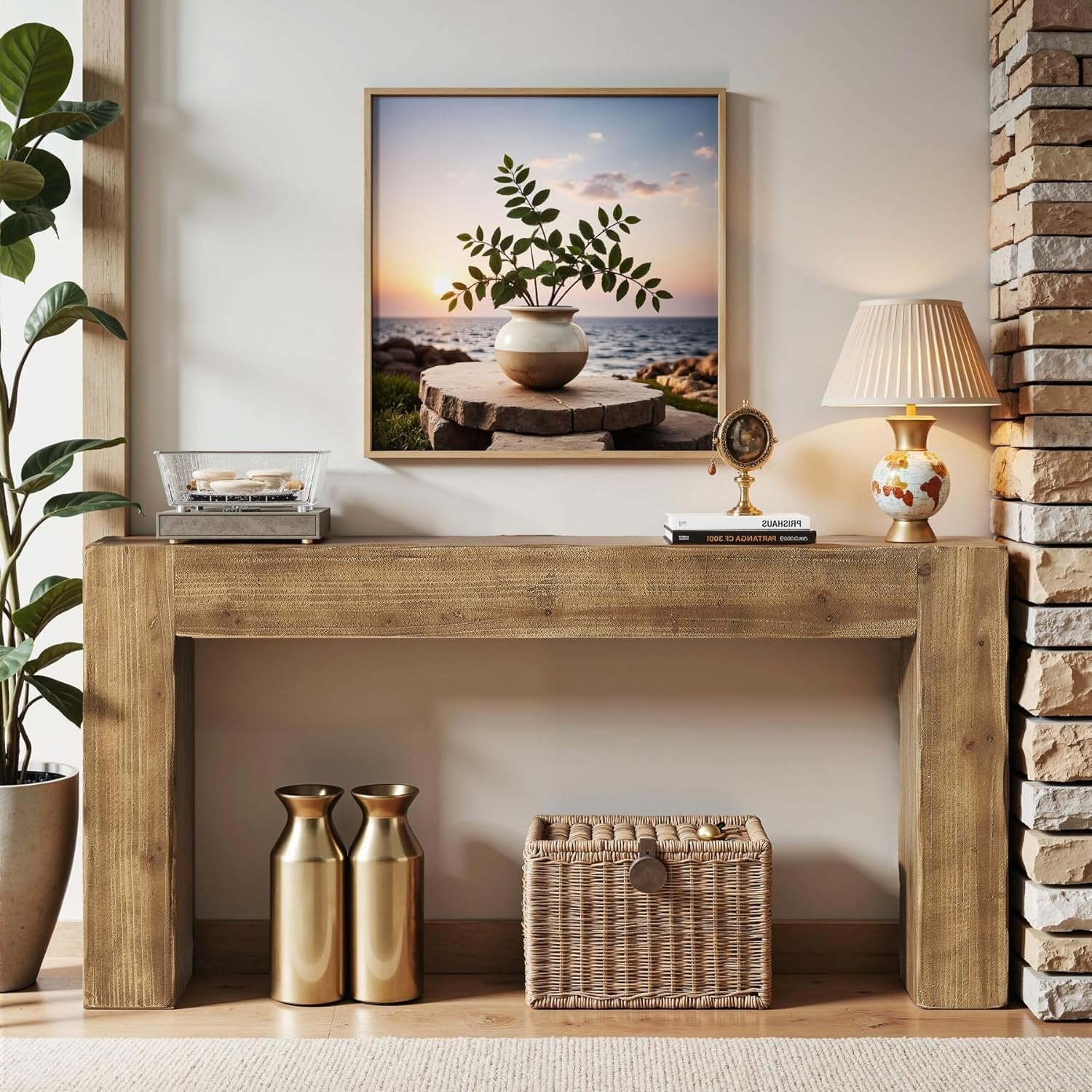 63-Inch Solid Wood Console Table, Farmhouse Entryway Sofa Table for Living Room and Hallway