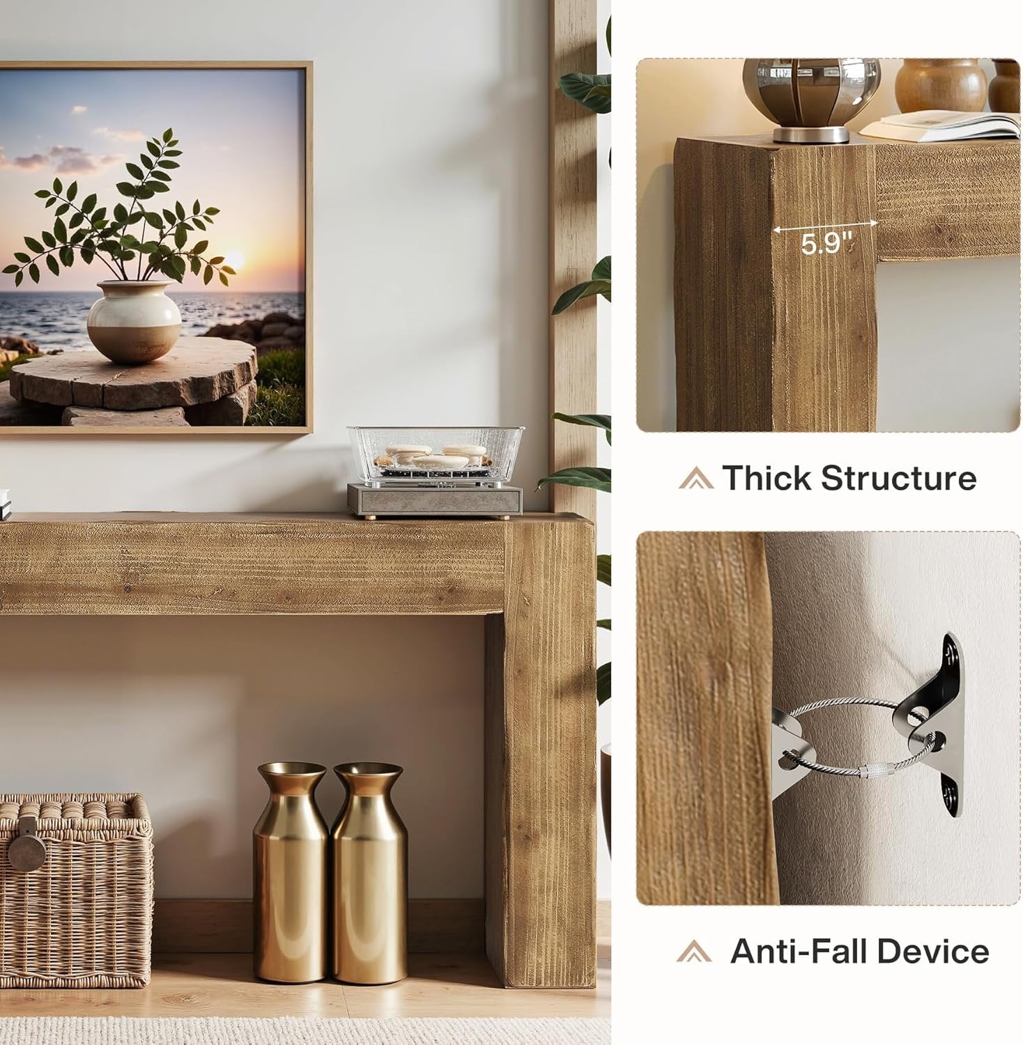 63-Inch Solid Wood Console Table, Farmhouse Entryway Sofa Table for Living Room and Hallway