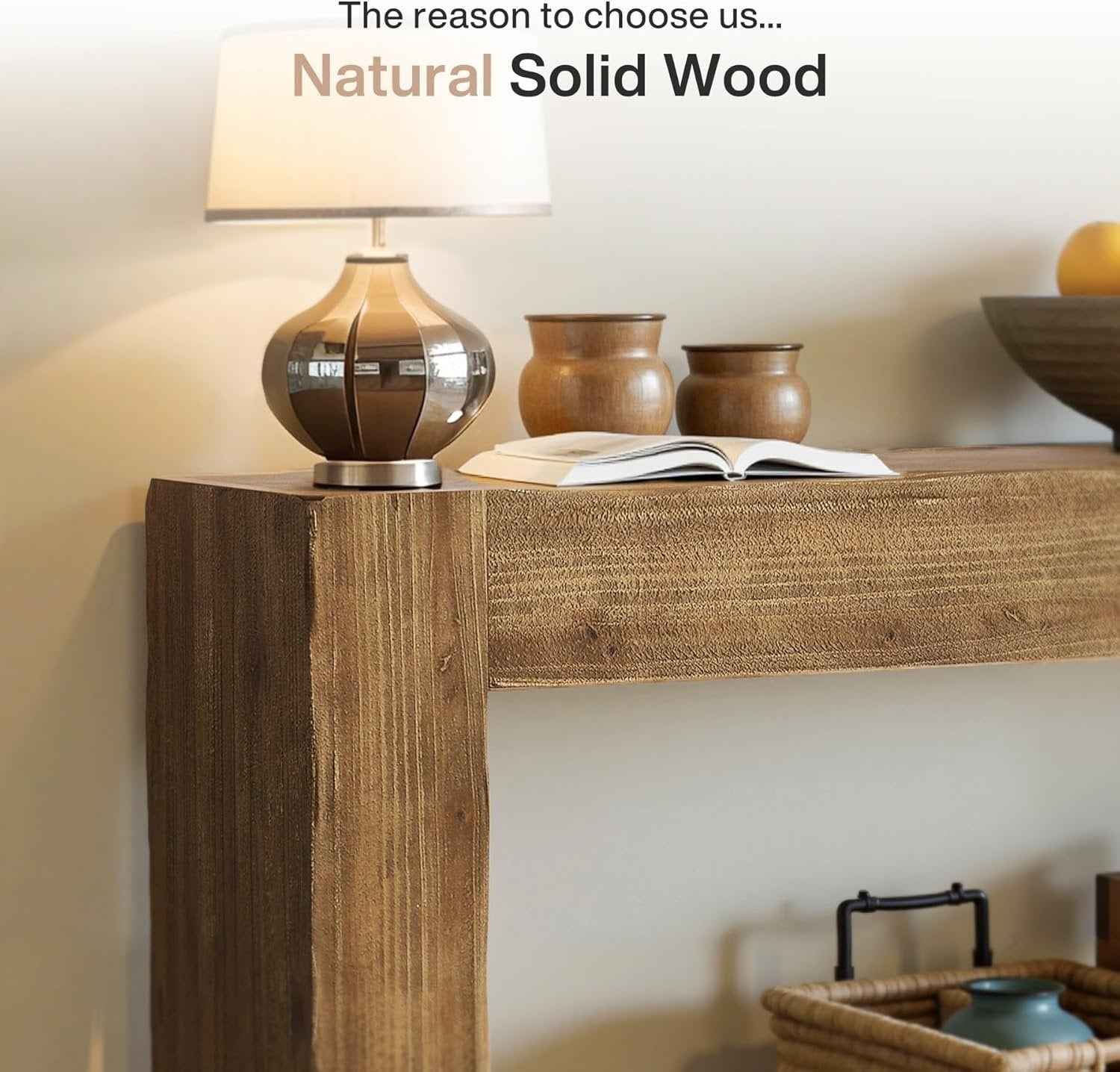 63-Inch Solid Wood Console Table, Farmhouse Entryway Sofa Table for Living Room and Hallway