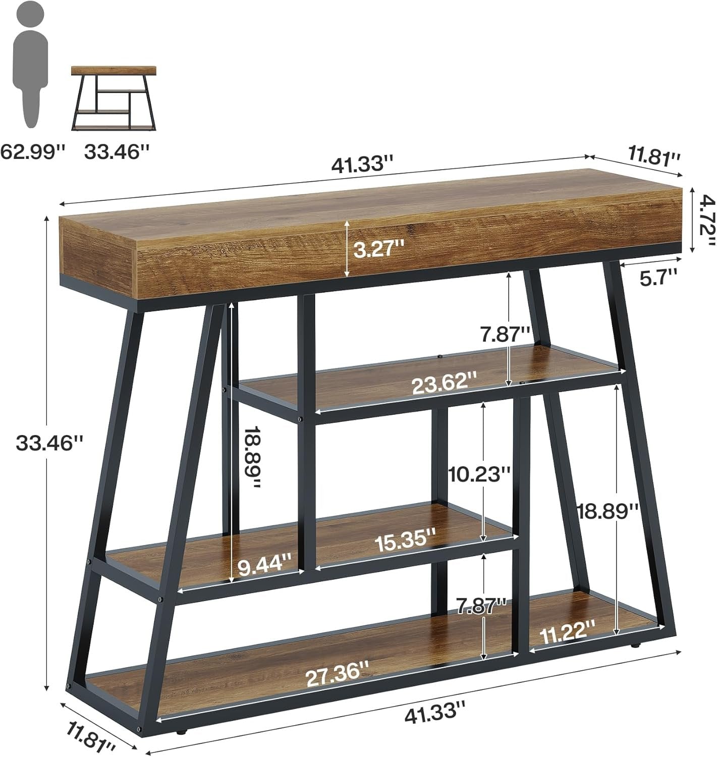 Industrial Rustic Console with 4-Tier Storage, 41.3" Narrow Sofa Table for Entryway & Living Room