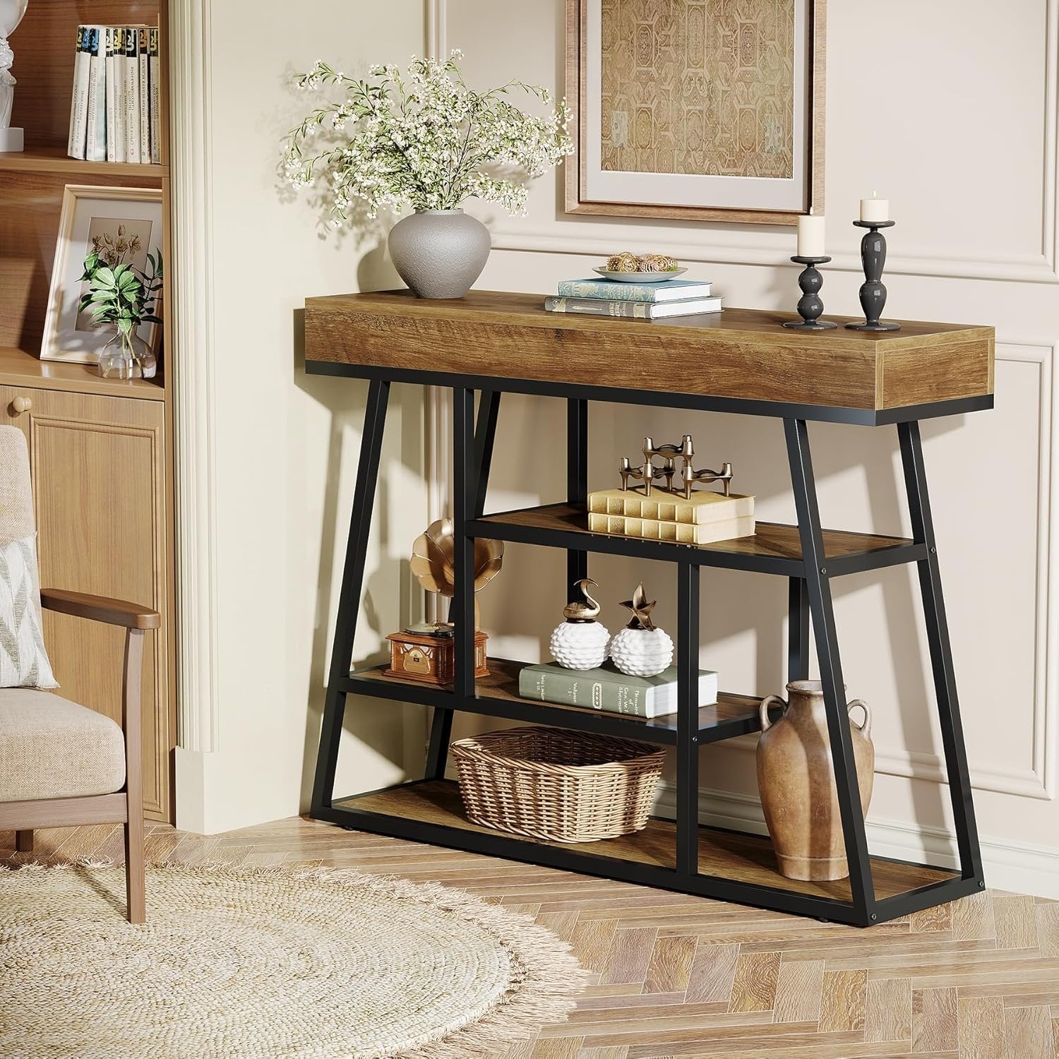 Industrial Rustic Console with 4-Tier Storage, 41.3" Narrow Sofa Table for Entryway & Living Room