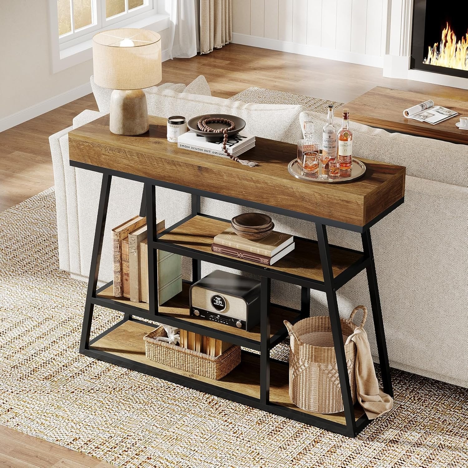 Industrial Rustic Console with 4-Tier Storage, 41.3" Narrow Sofa Table for Entryway & Living Room