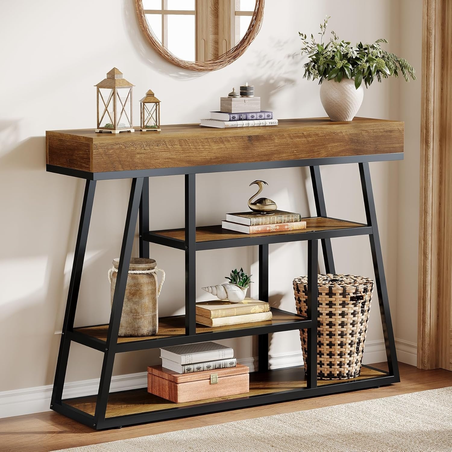 Industrial Rustic Console with 4-Tier Storage, 41.3" Narrow Sofa Table for Entryway & Living Room