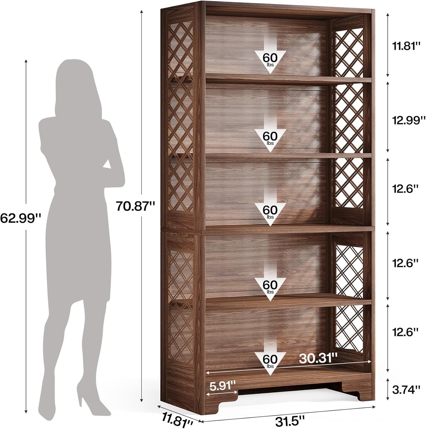 70.8" 6-Tier Modern Bookcase with Floating Shelf Design