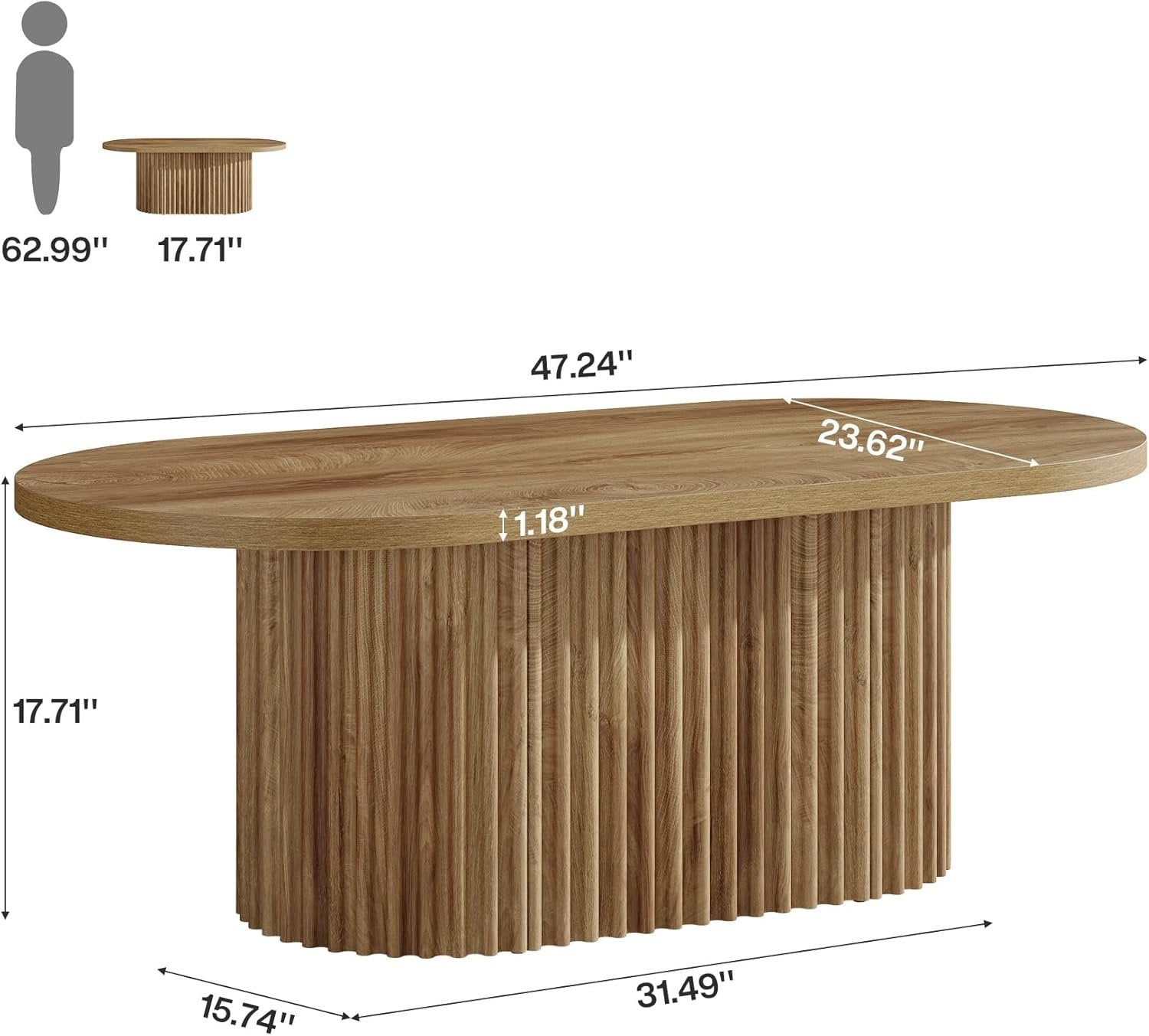 47.2" Oval Coffee Table, Farmhouse Wooden Center Table with Fluted Design for Living Room