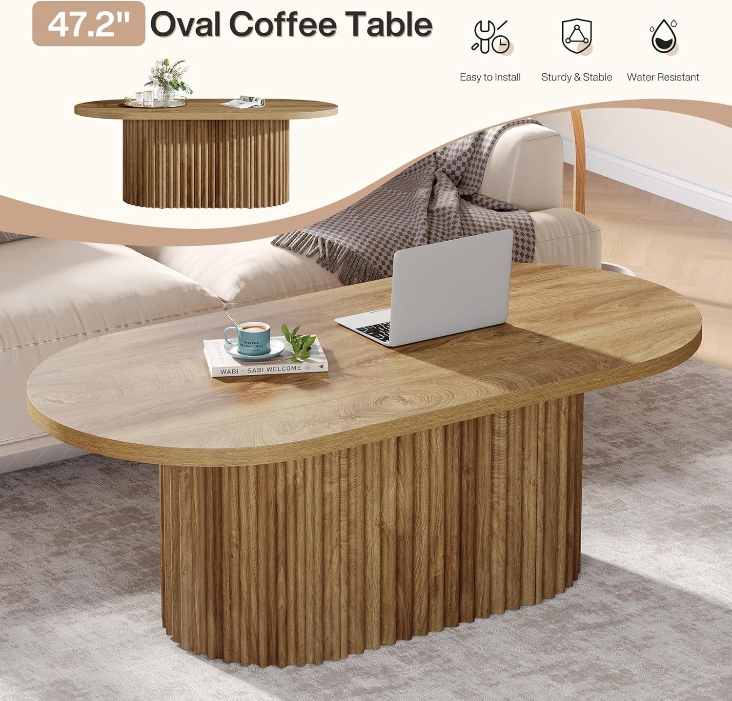 47.2" Oval Coffee Table, Farmhouse Wooden Center Table with Fluted Design for Living Room