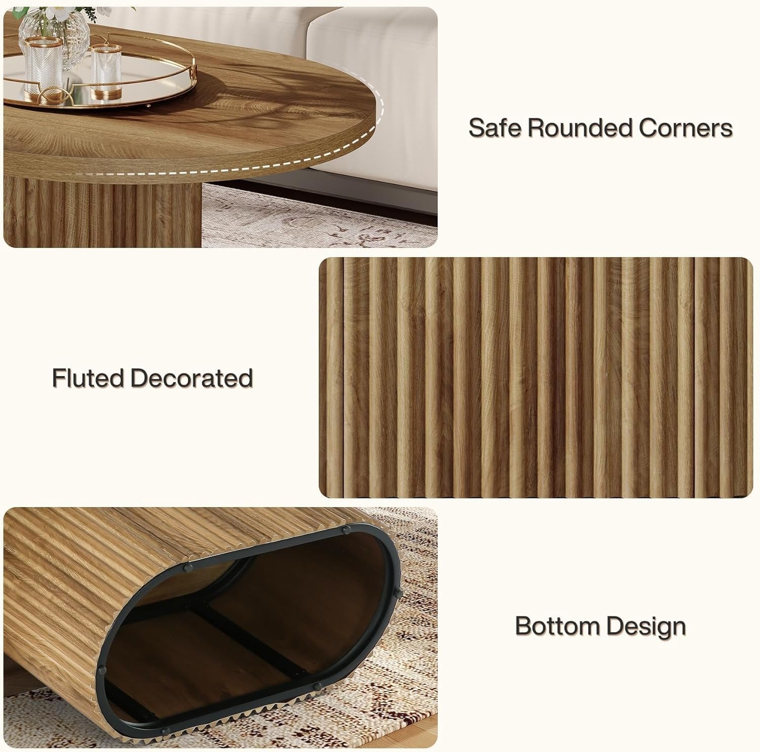 47.2" Oval Coffee Table, Farmhouse Wooden Center Table with Fluted Design for Living Room