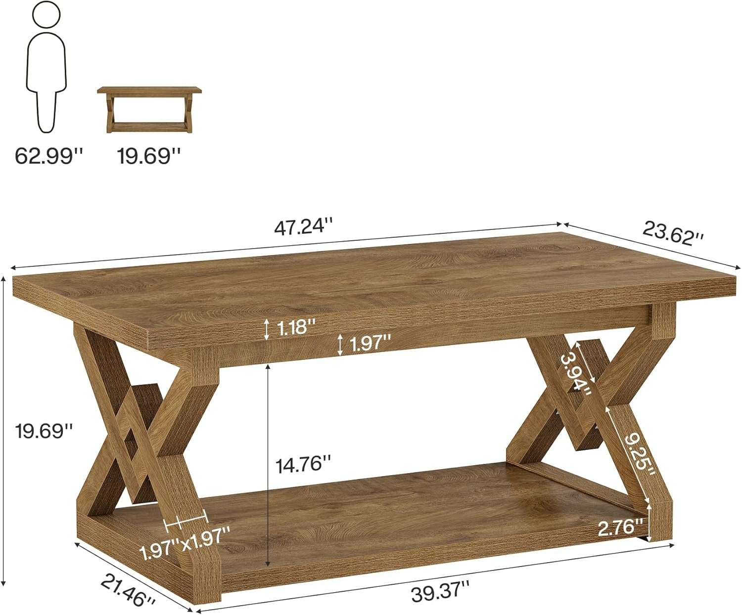 47.24-Inch 2-Tier Coffee Table for Living Room, Farmhouse Rectangle Table with Storage