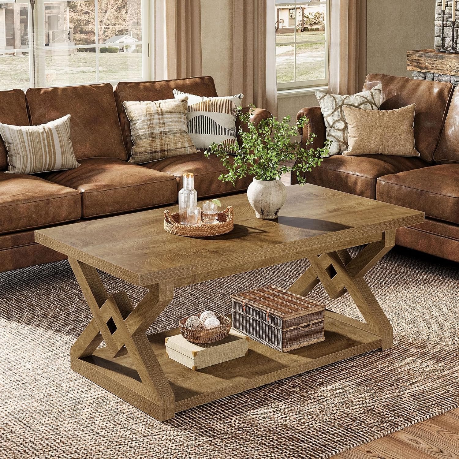 47.24-Inch 2-Tier Coffee Table for Living Room, Farmhouse Rectangle Table with Storage