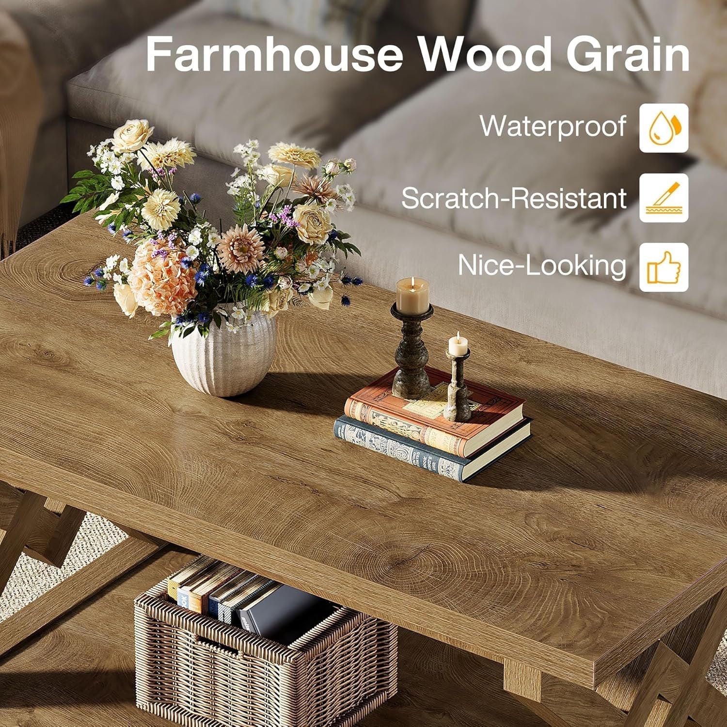 47.24-Inch 2-Tier Coffee Table for Living Room, Farmhouse Rectangle Table with Storage