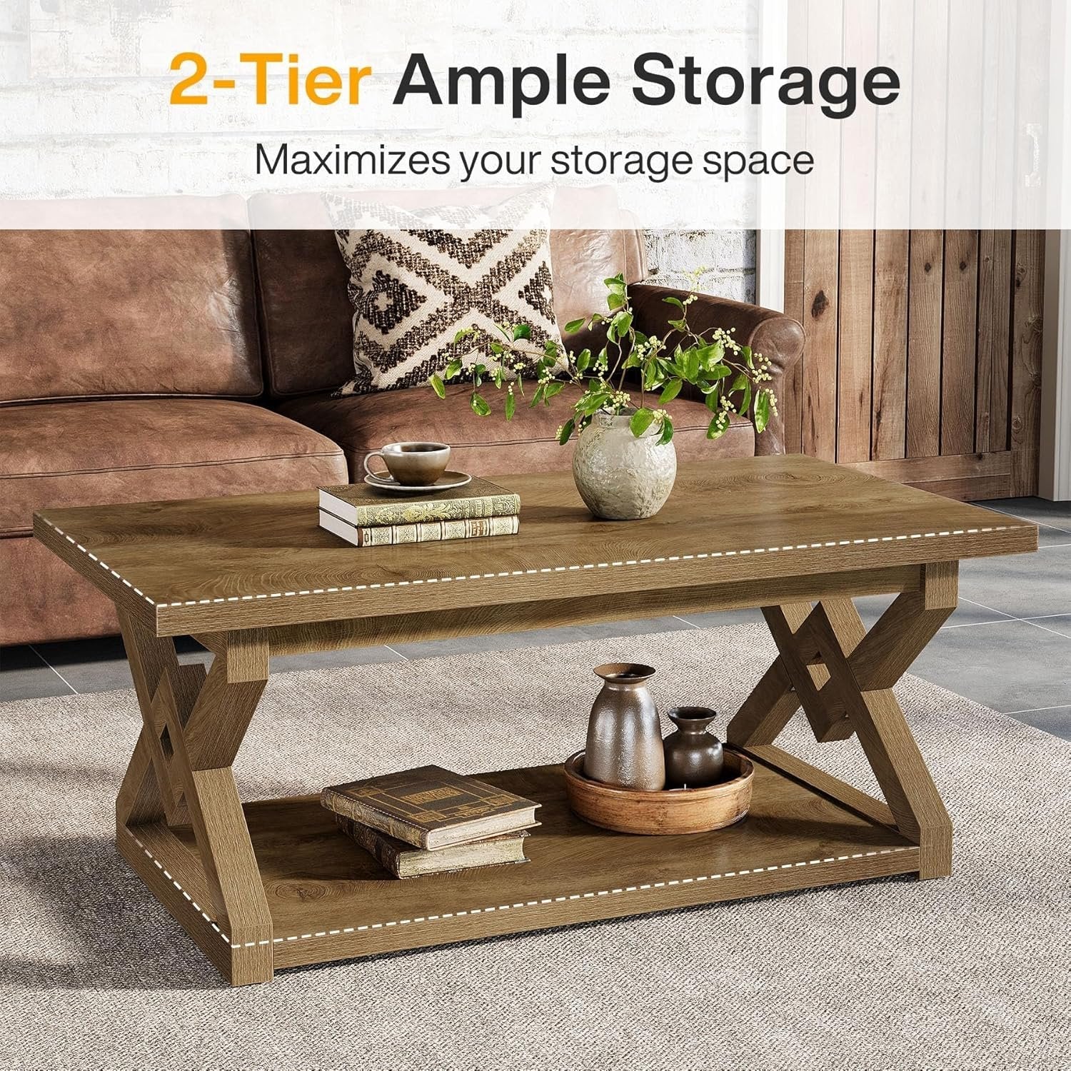 47.24-Inch 2-Tier Coffee Table for Living Room, Farmhouse Rectangle Table with Storage