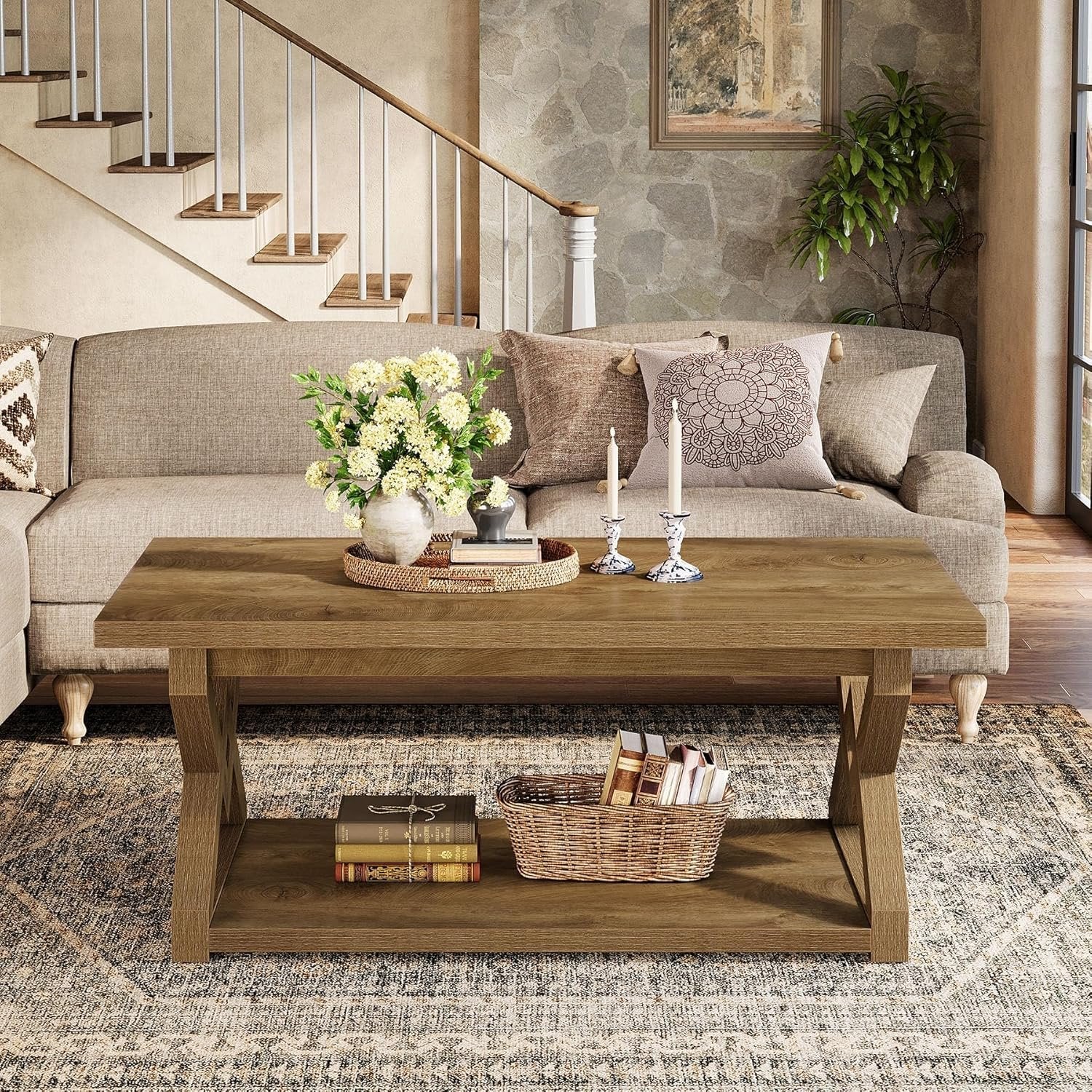 47.24-Inch 2-Tier Coffee Table for Living Room, Farmhouse Rectangle Table with Storage
