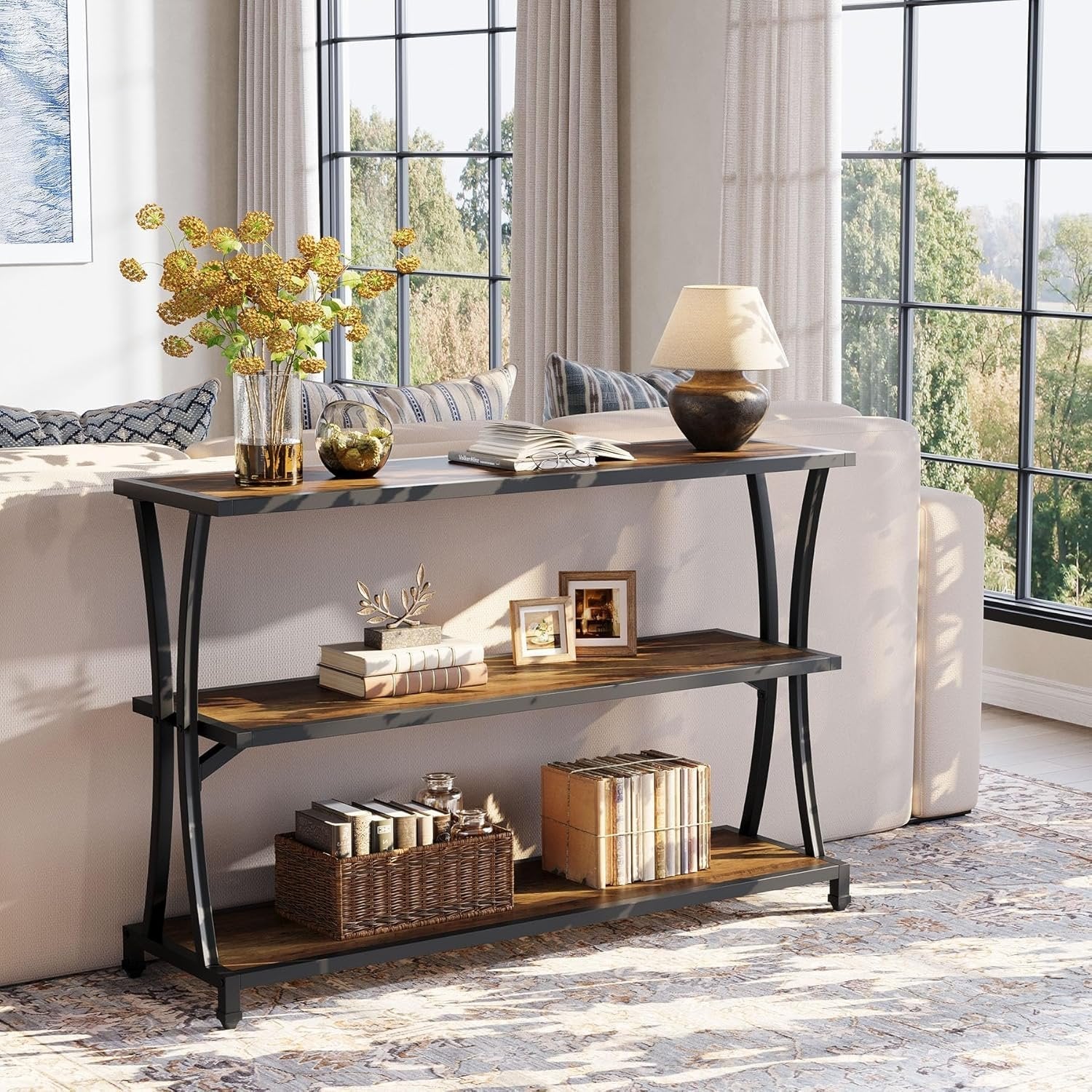 43.31" Industrial 3-Tier Console Table, Rustic Narrow Sofa Table with Storage Shelves