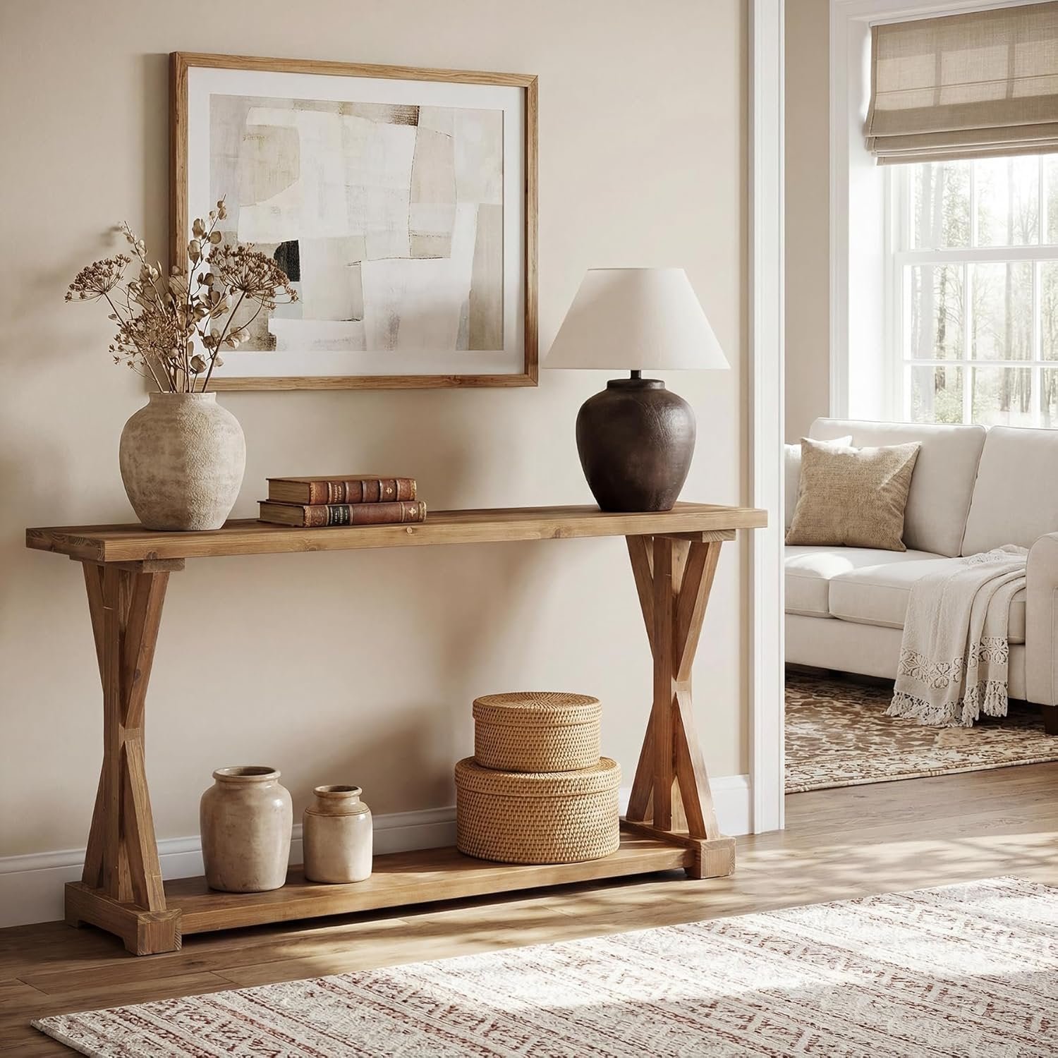 63-Inch Narrow Console Table with Storage, Farmhouse Solid Wood Entryway Table