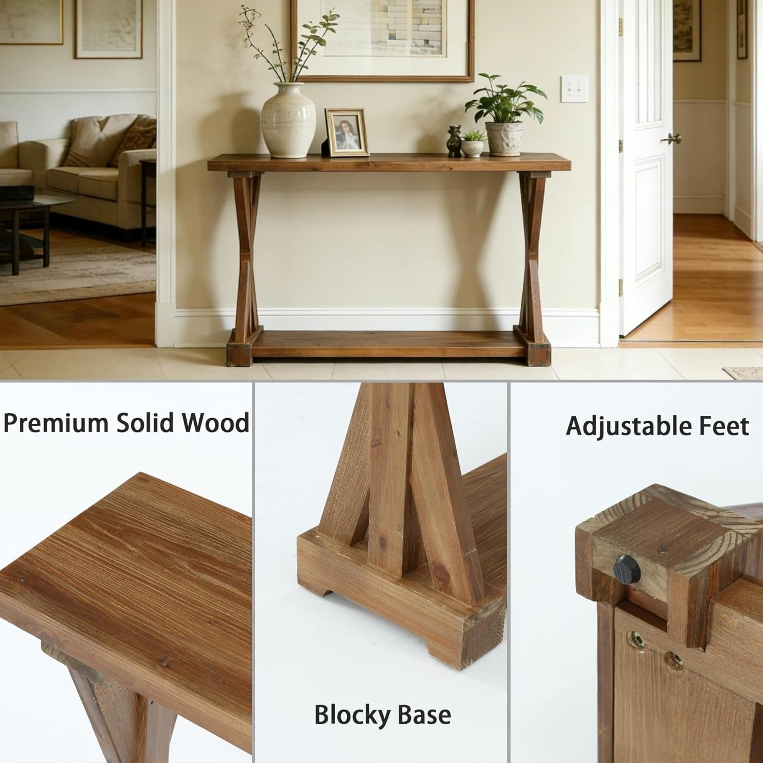 63-Inch Narrow Console Table with Storage, Farmhouse Solid Wood Entryway Table