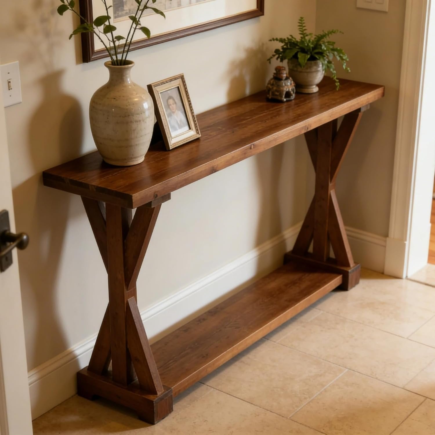 63-Inch Narrow Console Table with Storage, Farmhouse Solid Wood Entryway Table