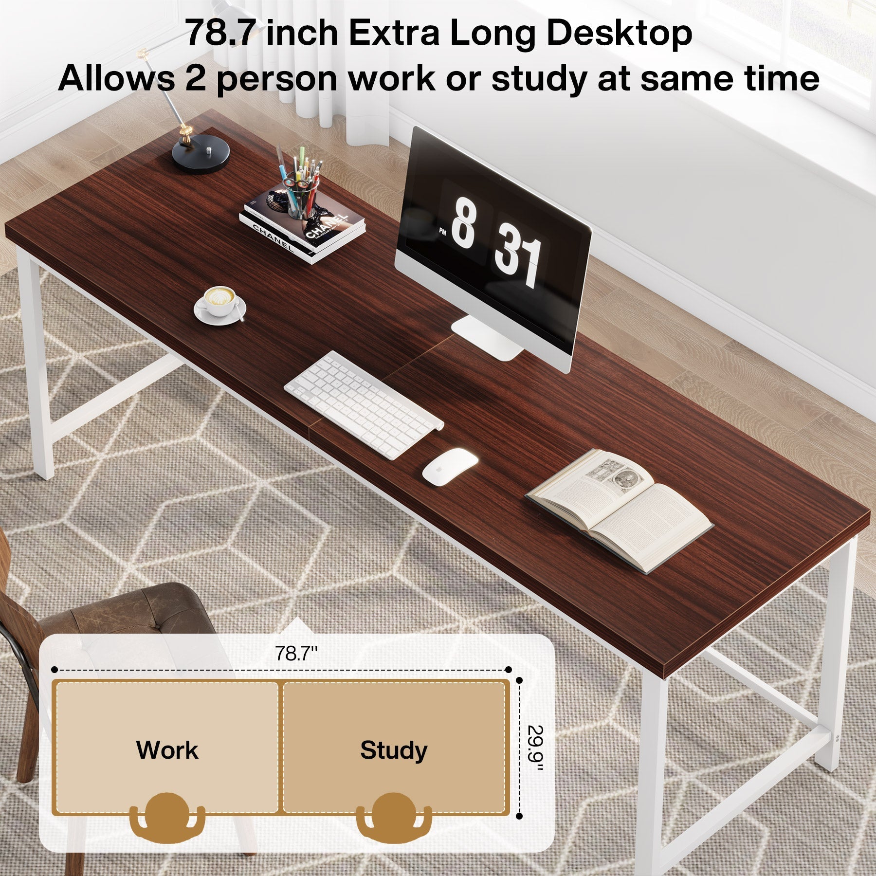 Double Computer Desk, 78.7 Inch Two-Person Study Table