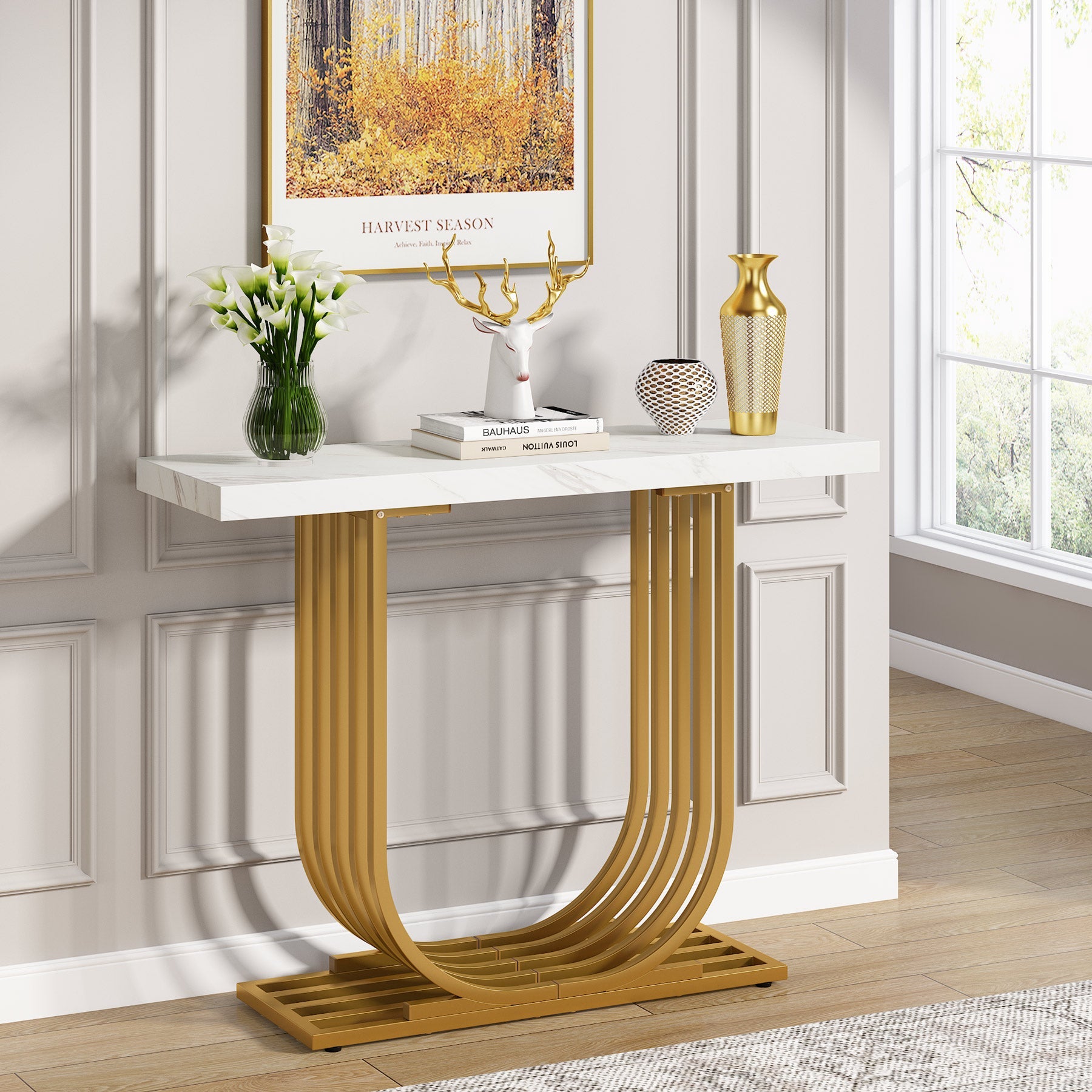 Faux Marble Console Table - 39-Inch, U-Shaped Base for Entryway or Sofa