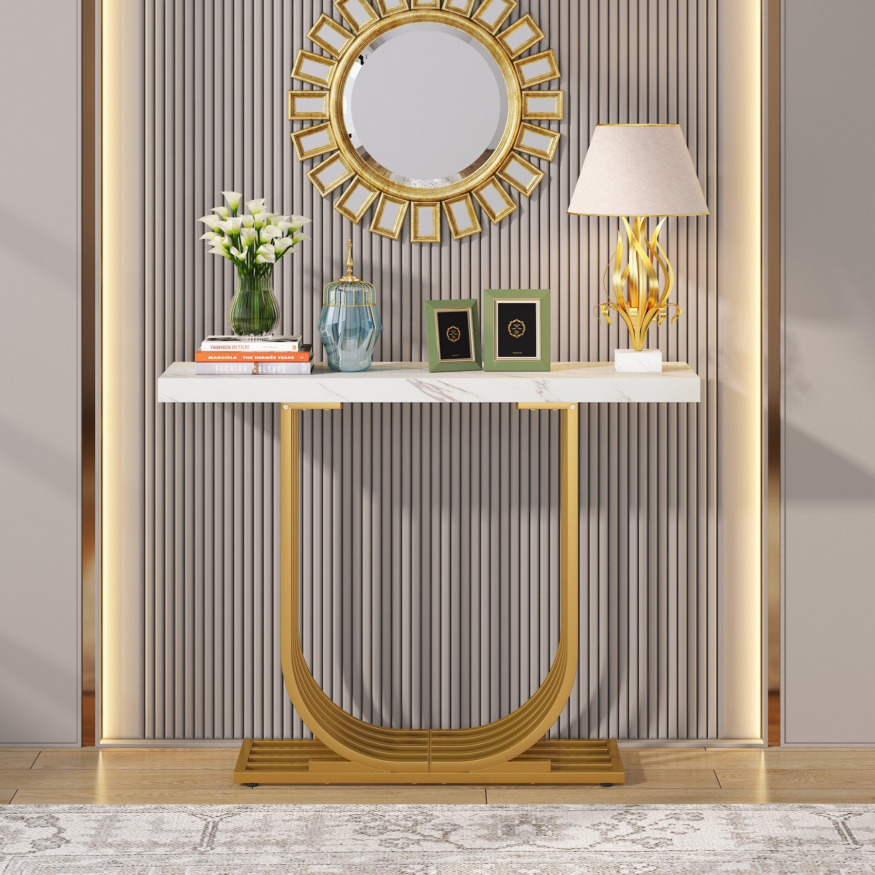 Faux Marble Console Table - 39-Inch, U-Shaped Base for Entryway or Sofa