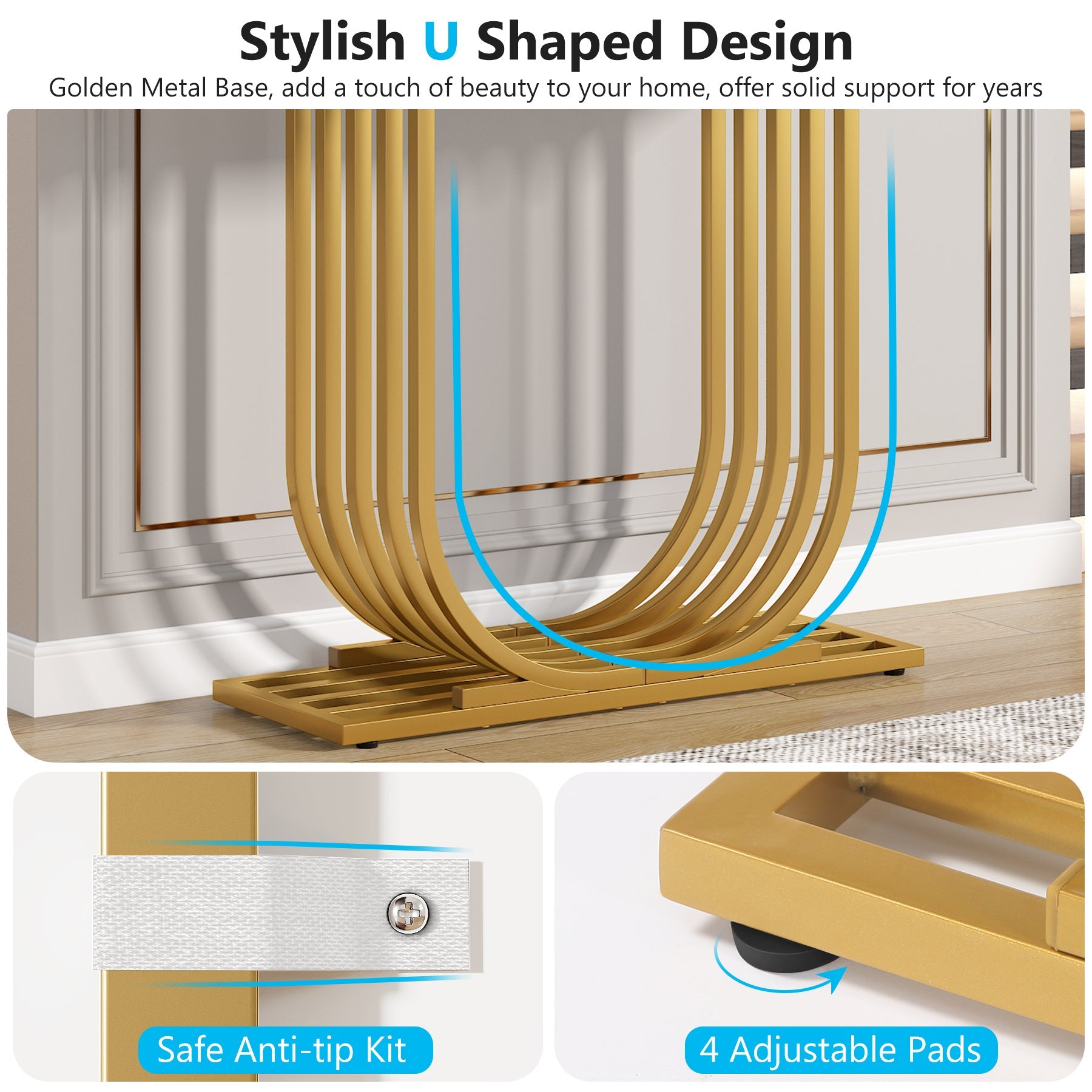 Faux Marble Console Table - 39-Inch, U-Shaped Base for Entryway or Sofa