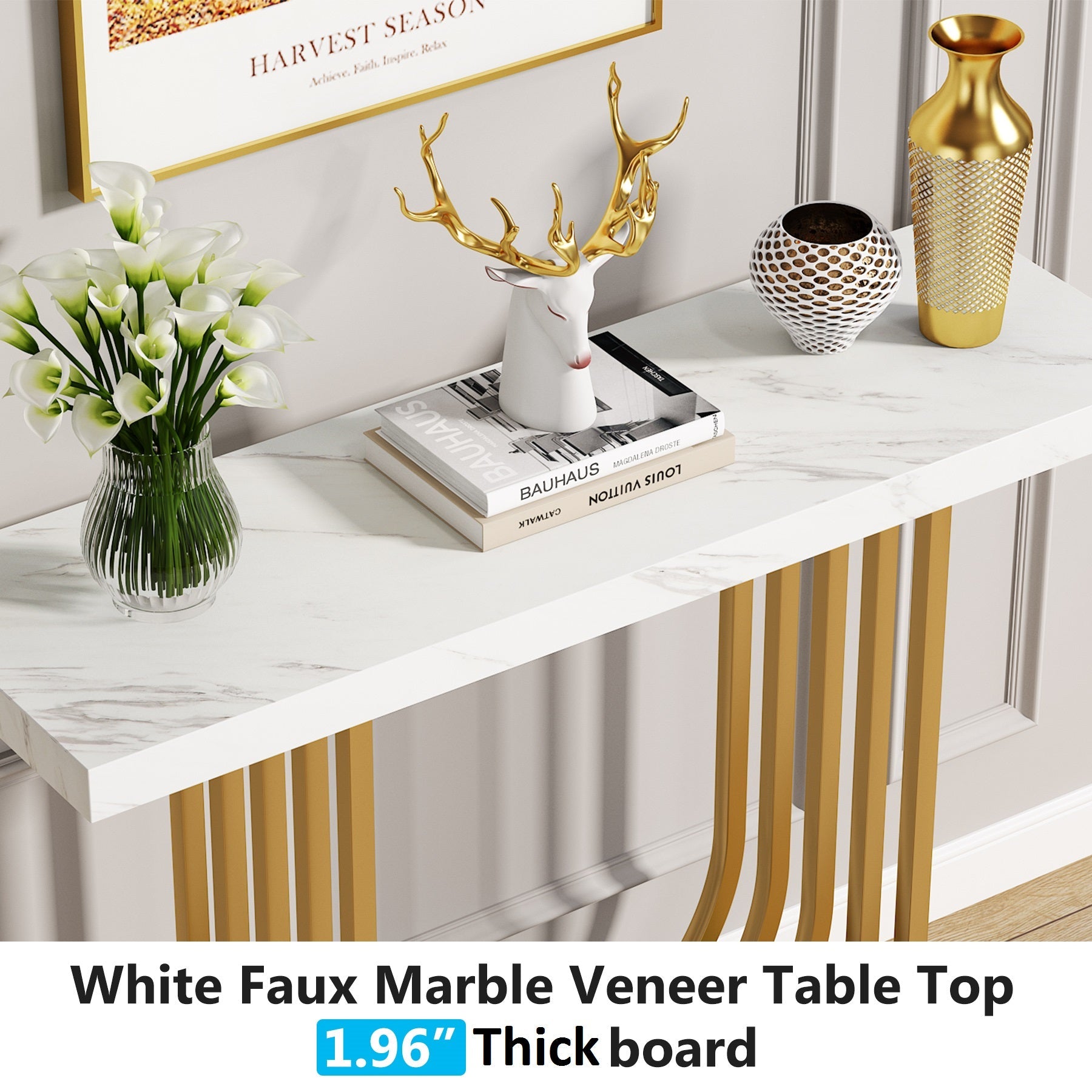 Faux Marble Console Table - 39-Inch, U-Shaped Base for Entryway or Sofa