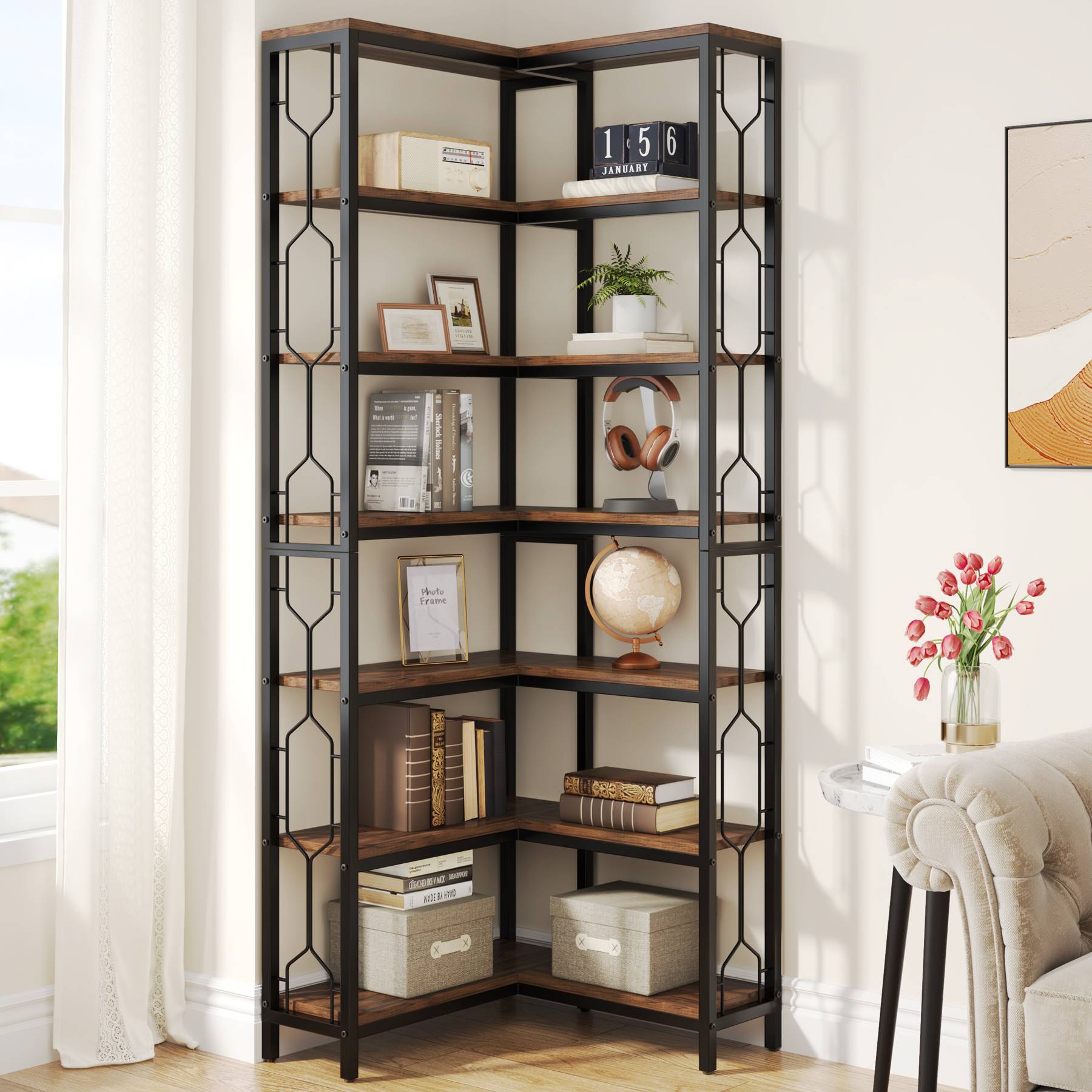 Industrial 7-Tier Corner Bookcase Etagere#Colour_Brown