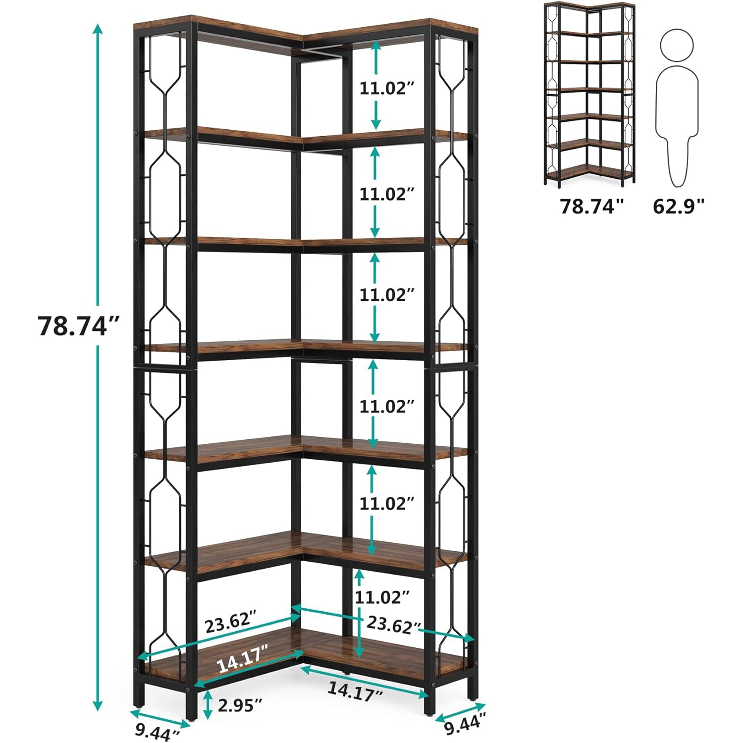78.7-Inch 7-Tier Corner Bookcase with Hexagon-Pattern Side Panels, Tall Display Unit for Living Room