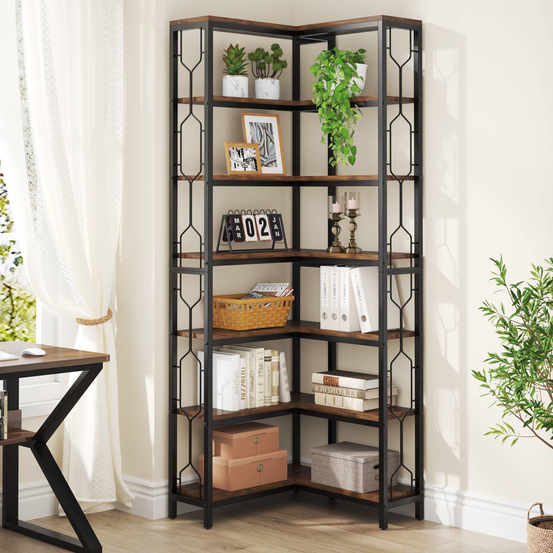 78.7-Inch 7-Tier Corner Bookcase with Hexagon-Pattern Side Panels, Tall Display Unit for Living Room