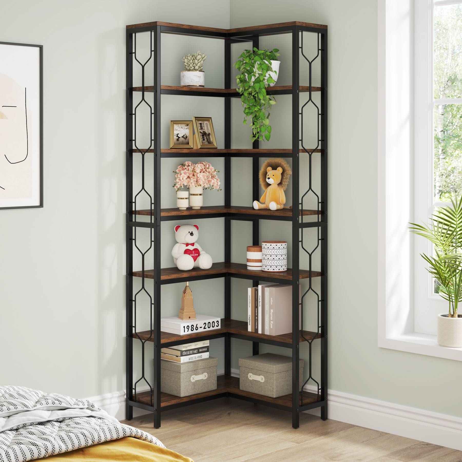 78.7-Inch 7-Tier Corner Bookcase with Hexagon-Pattern Side Panels, Tall Display Unit for Living Room