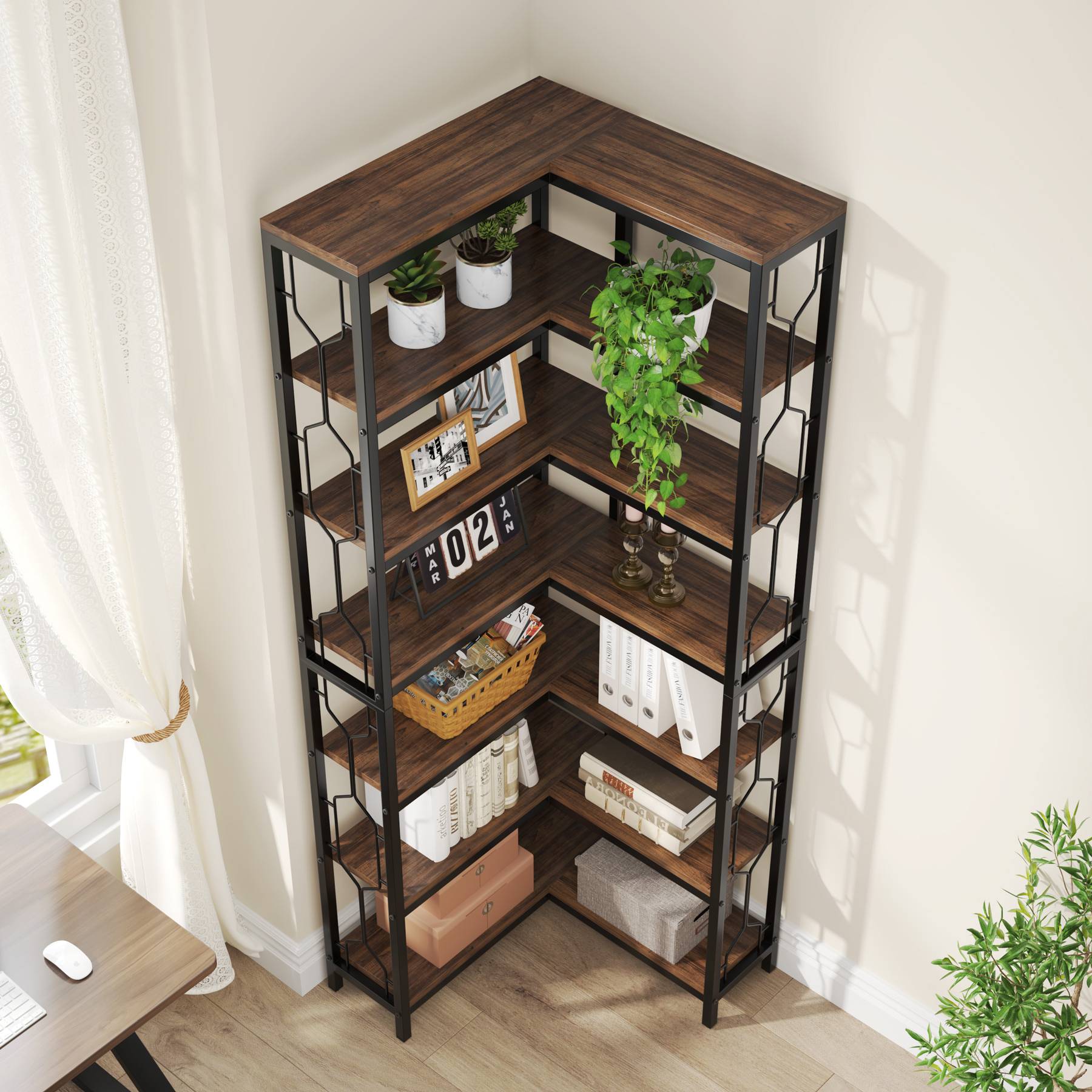 78.7-Inch 7-Tier Corner Bookcase with Hexagon-Pattern Side Panels, Tall Display Unit for Living Room