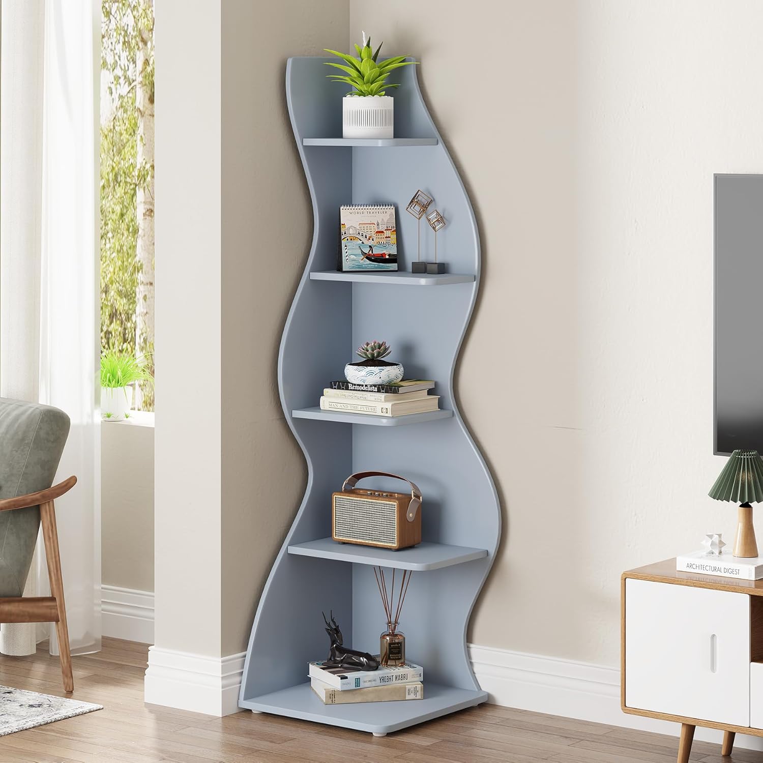 Modern 5-Tier Wall Corner Bookshelf Bookcase