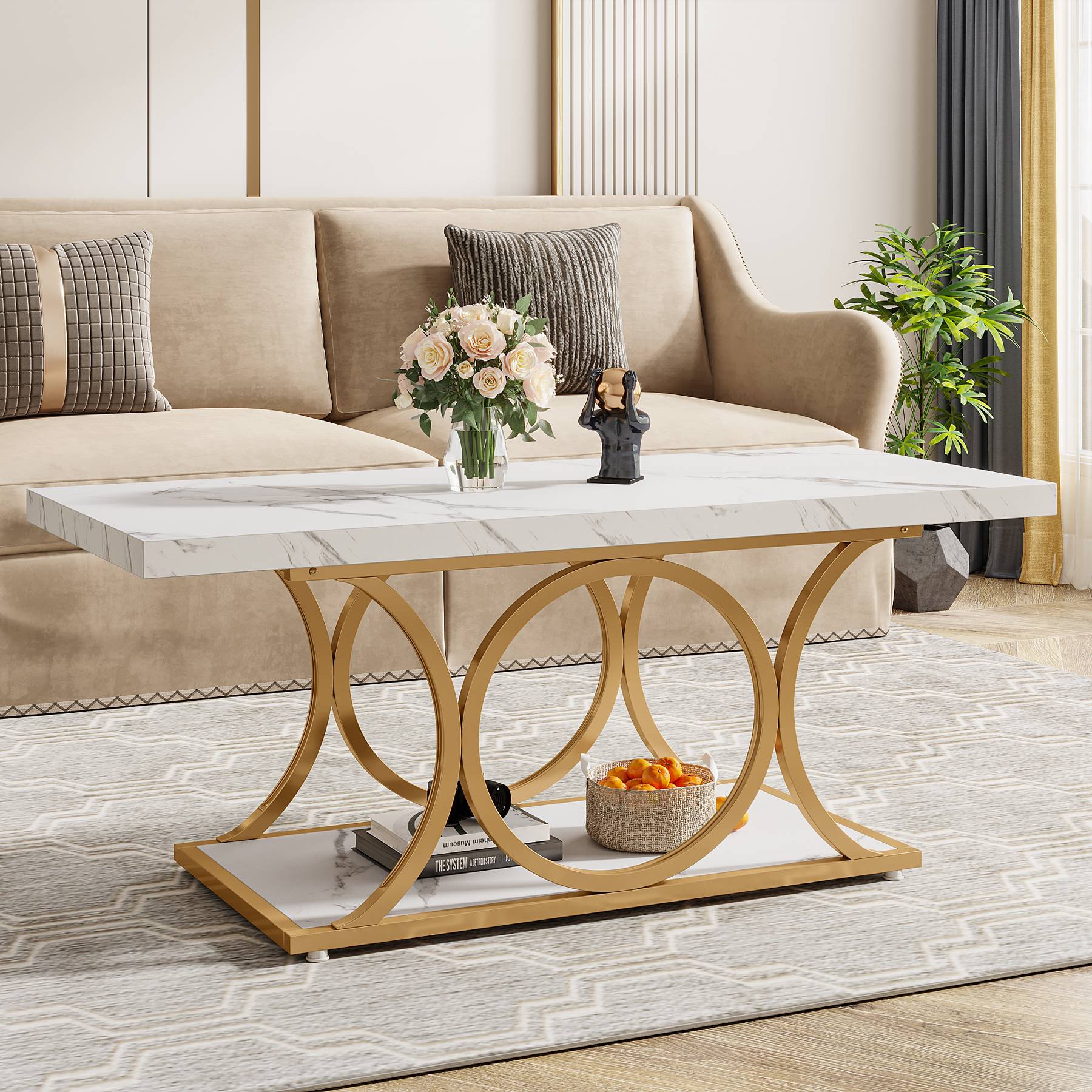 Rectangle Coffee Table, 47.24" Center Table with Faux Marble Top