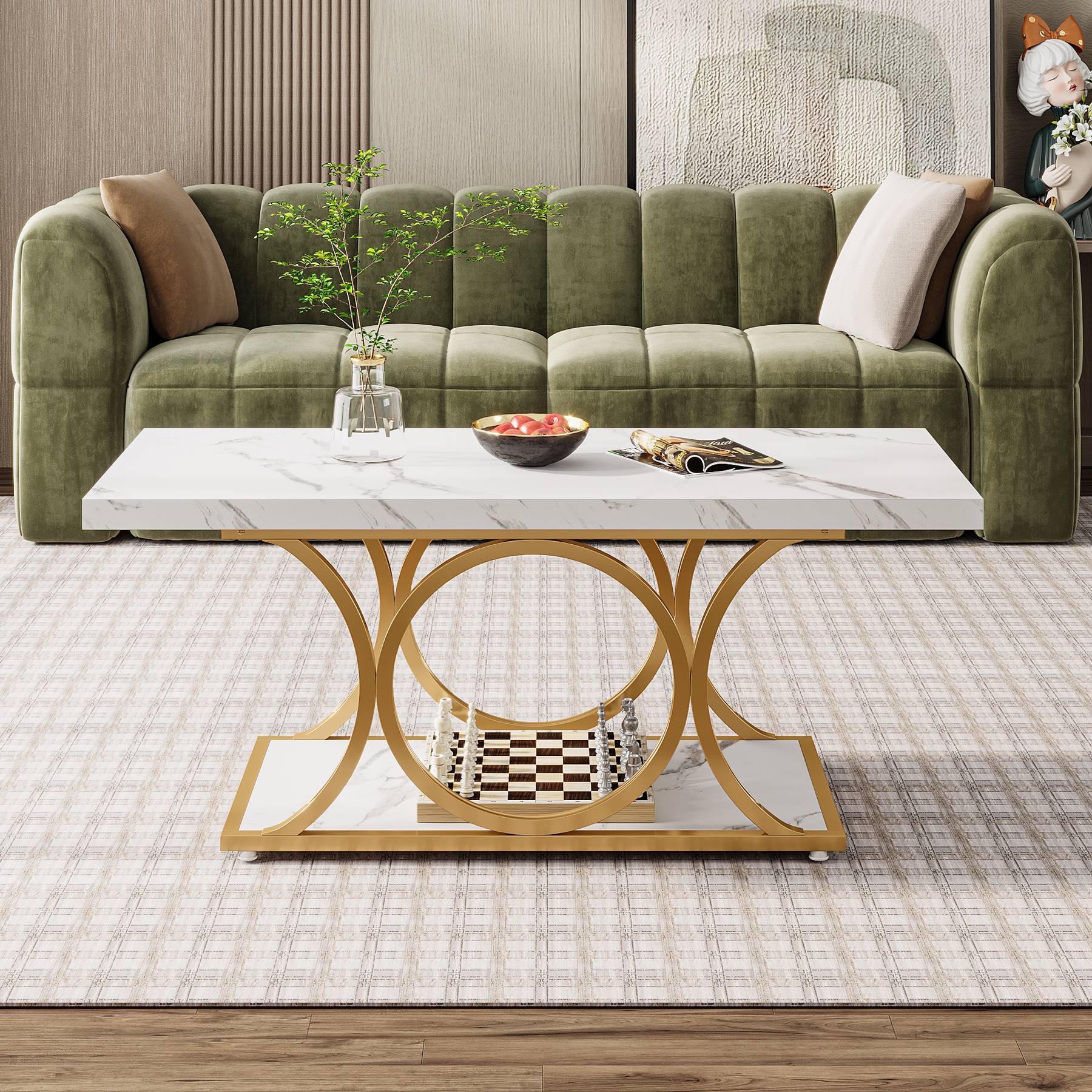 Rectangle Coffee Table, 47.24" Center Table with Faux Marble Top